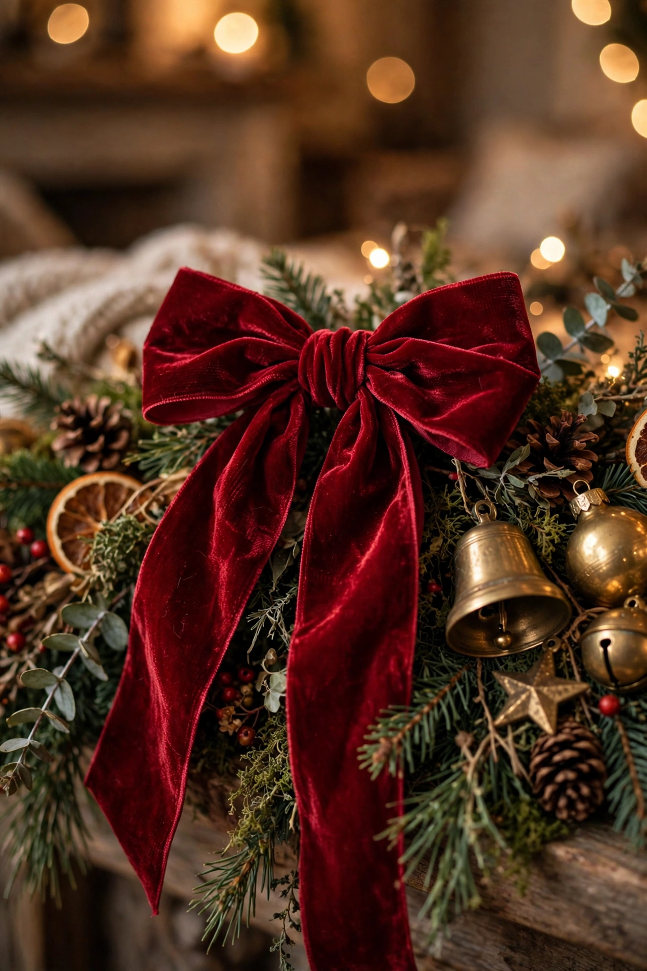 Deep red velvet ribbon tied in a bow on a living room garland