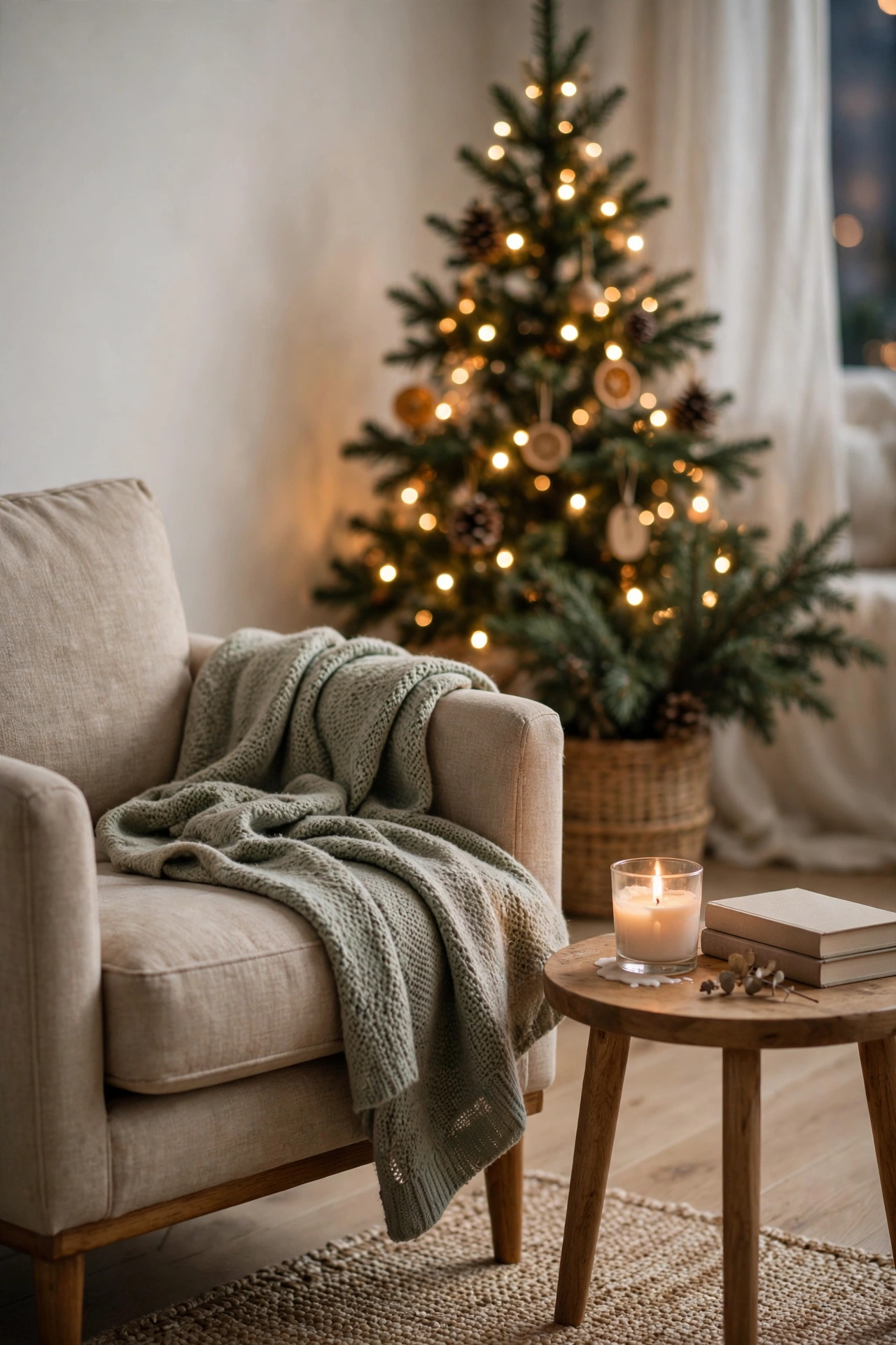 A quiet reading corner in a Christmas living room with a candle and tree glow
