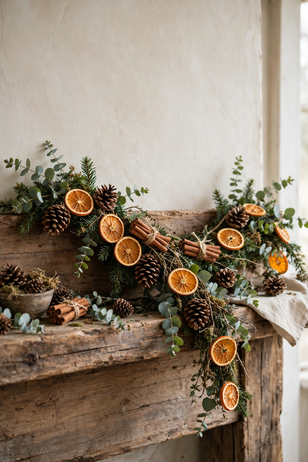 Natural Christmas garland with dried orange slices, pinecones and cinnamon on a wooden mantel
