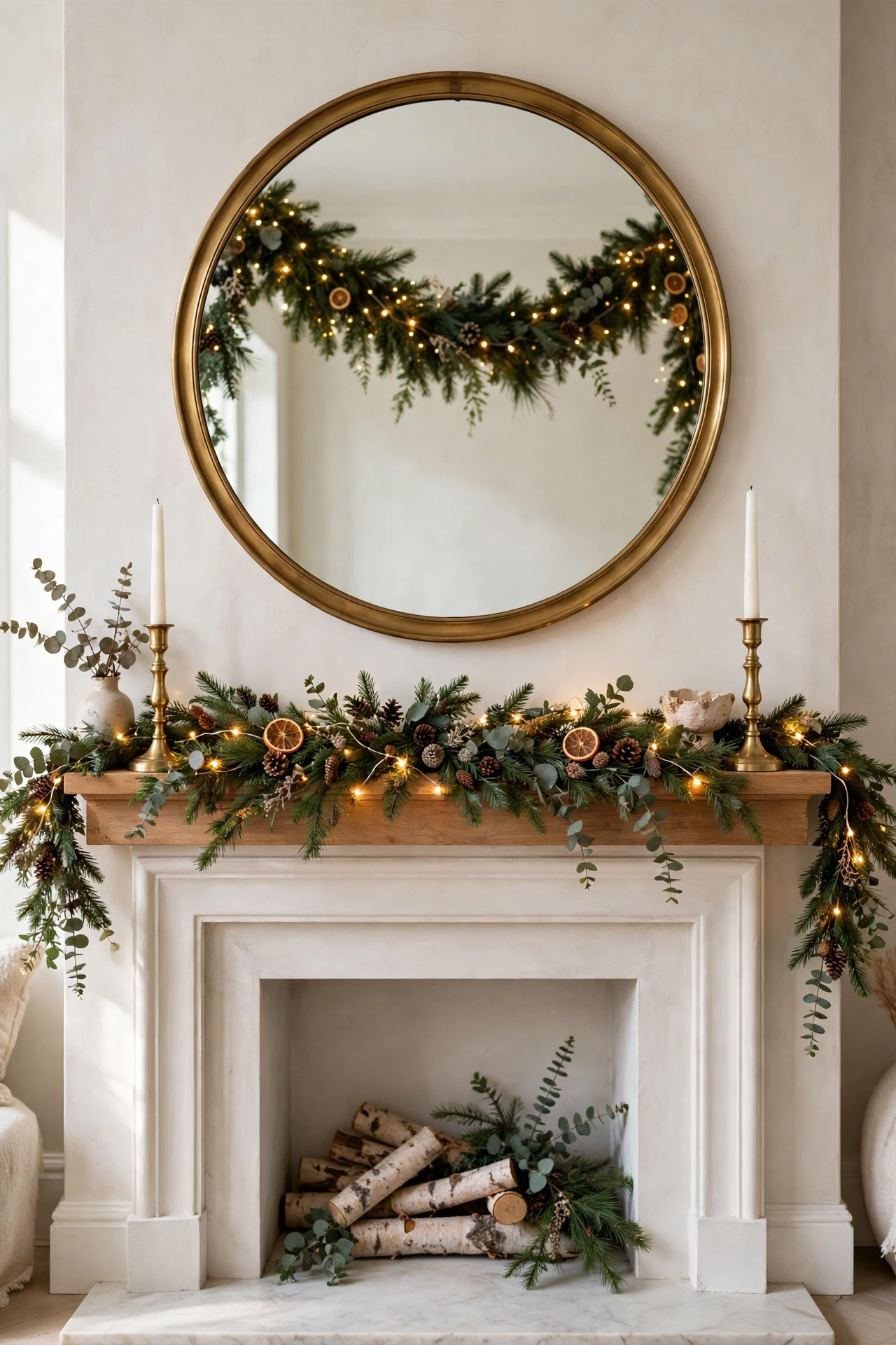 Round brass mirror above a styled Christmas mantel reflecting the garland
