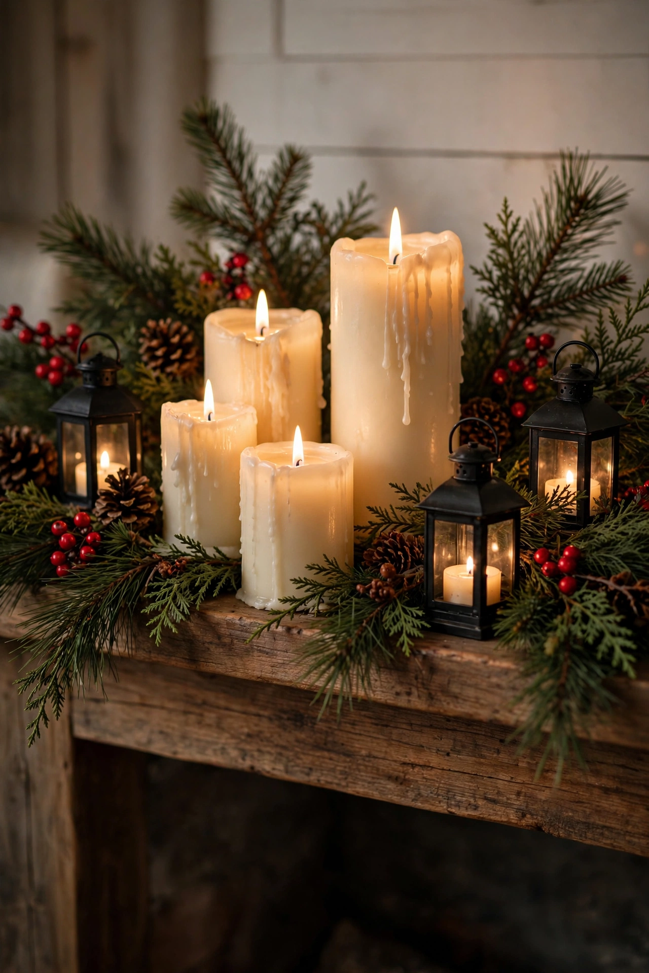 Ivory pillar candles and small black lanterns clustered on a Christmas mantel