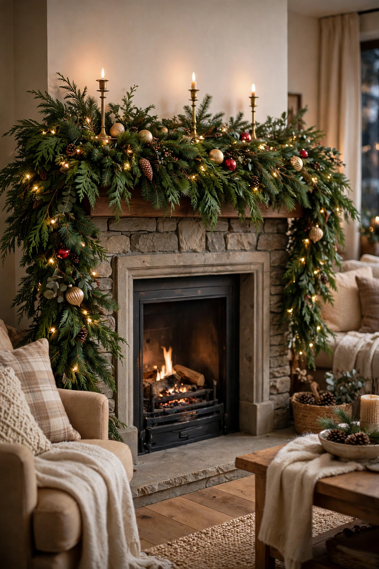Lush cedar and pine garland with warm fairy lights draped across a Christmas mantel