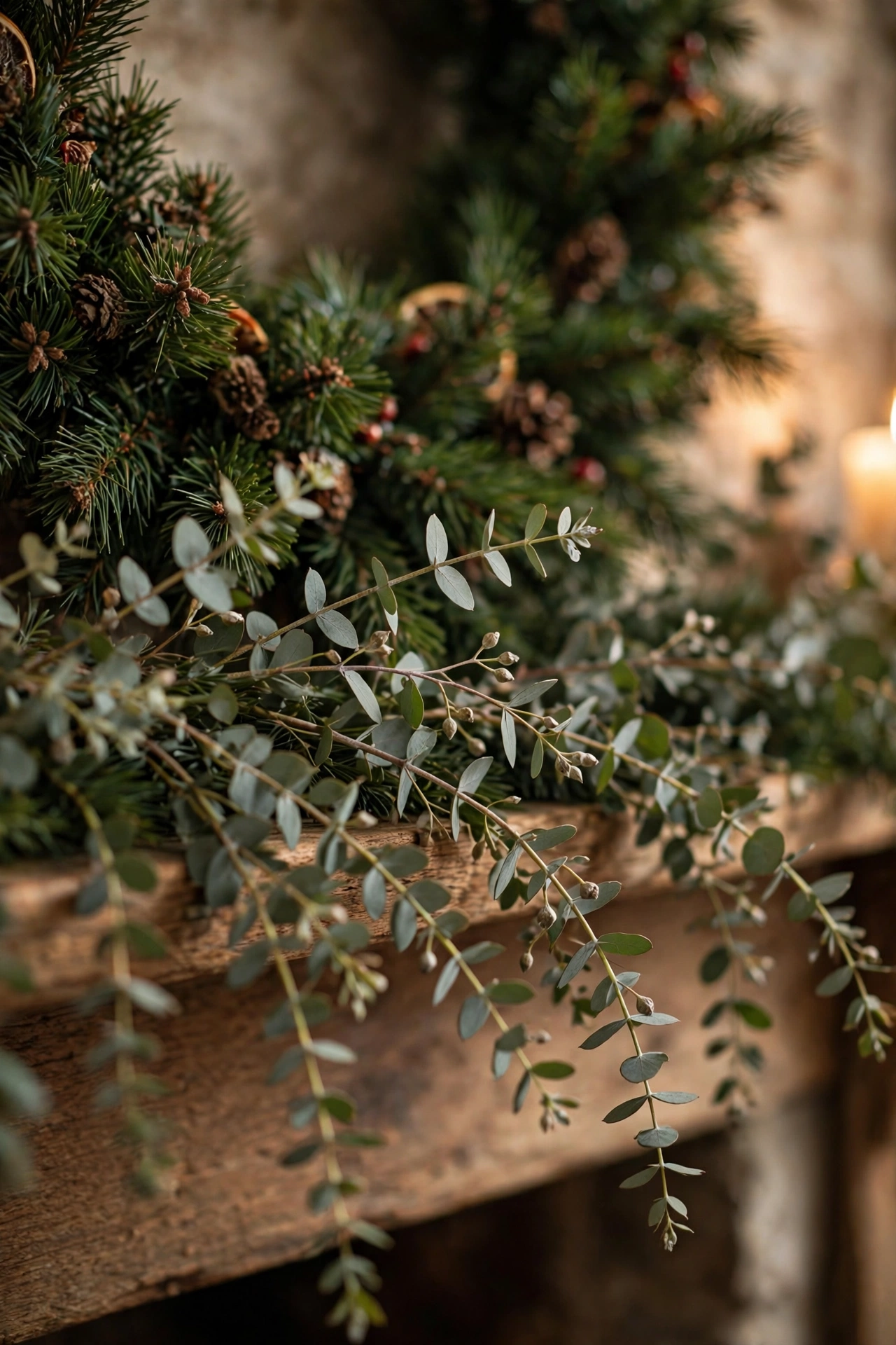 Layered double garland of pine and eucalyptus on a Christmas mantel for depth