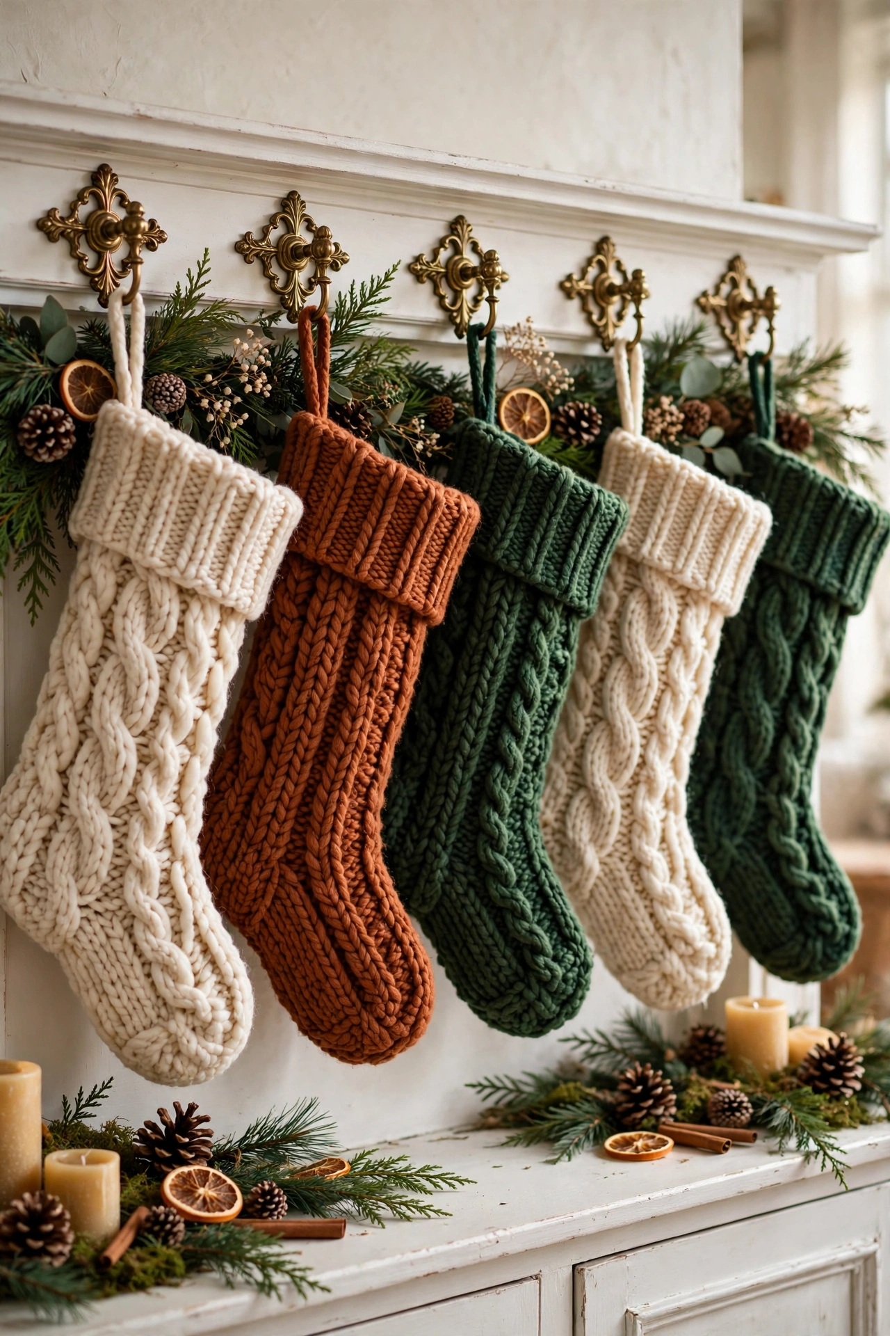 Five knit Christmas stockings in cream, rust and forest green hanging on brass holders