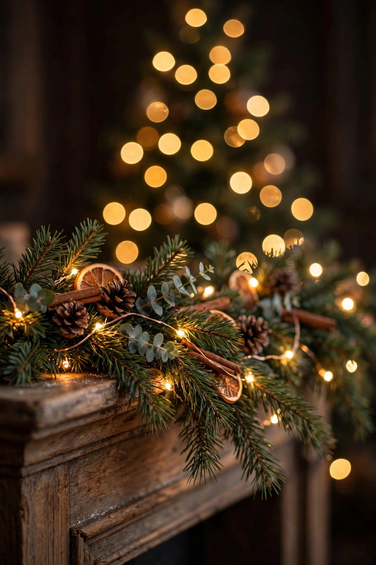 Warm fairy lights woven through a pine garland on a Christmas mantel