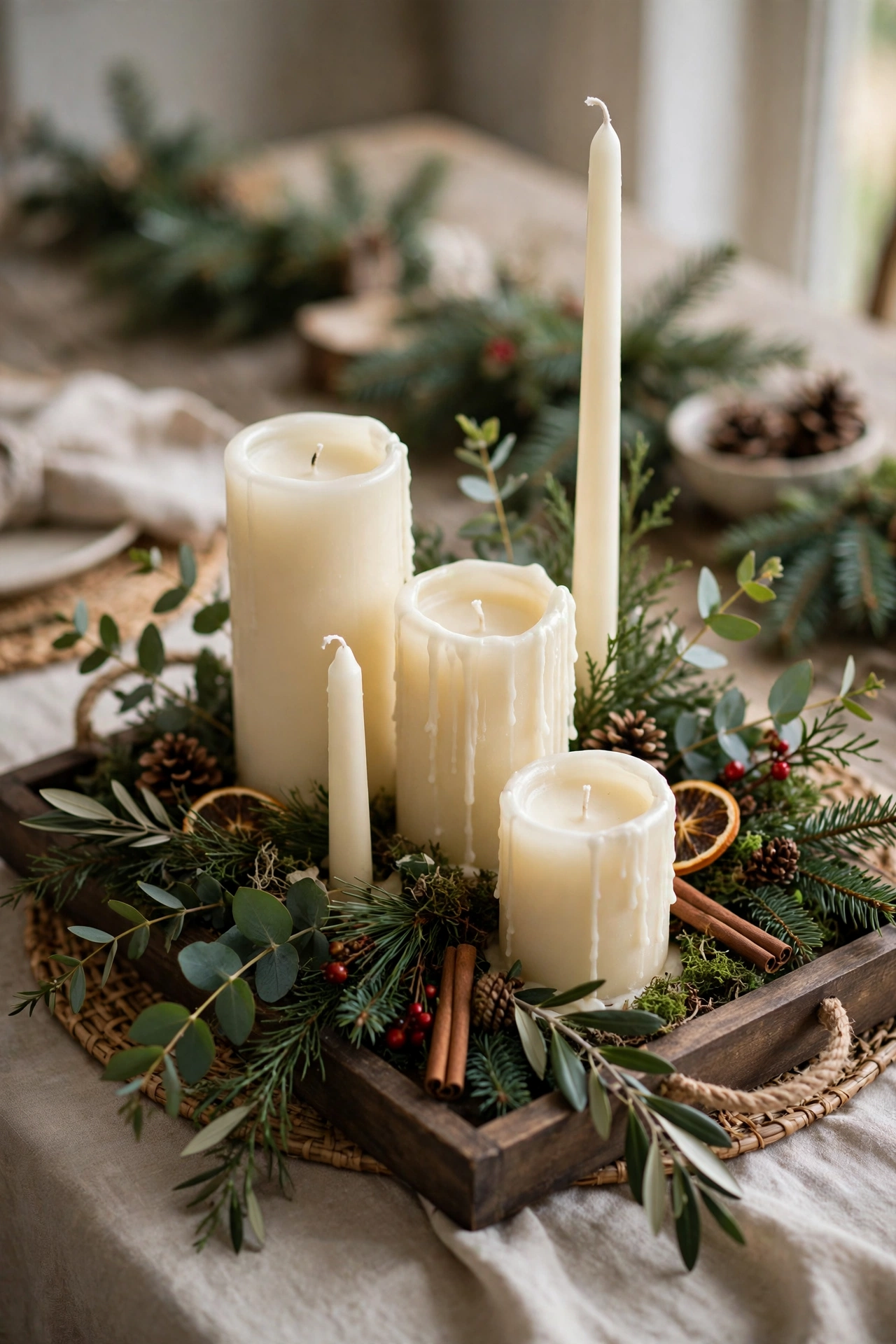 A cluster of ivory pillar and taper candles on a tray with greenery