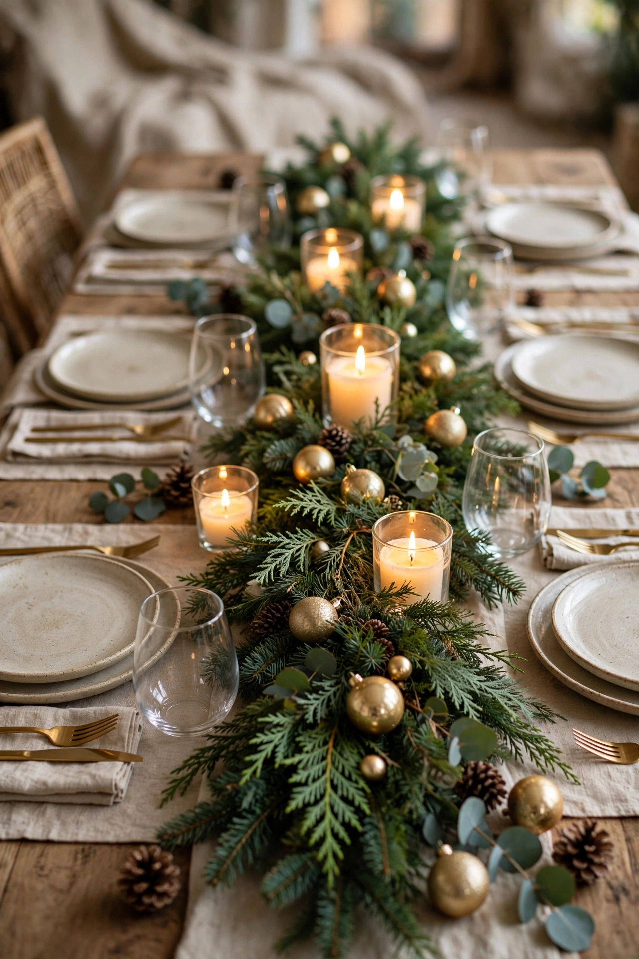 A shallow glass bowl piled with red and gold Christmas baubles