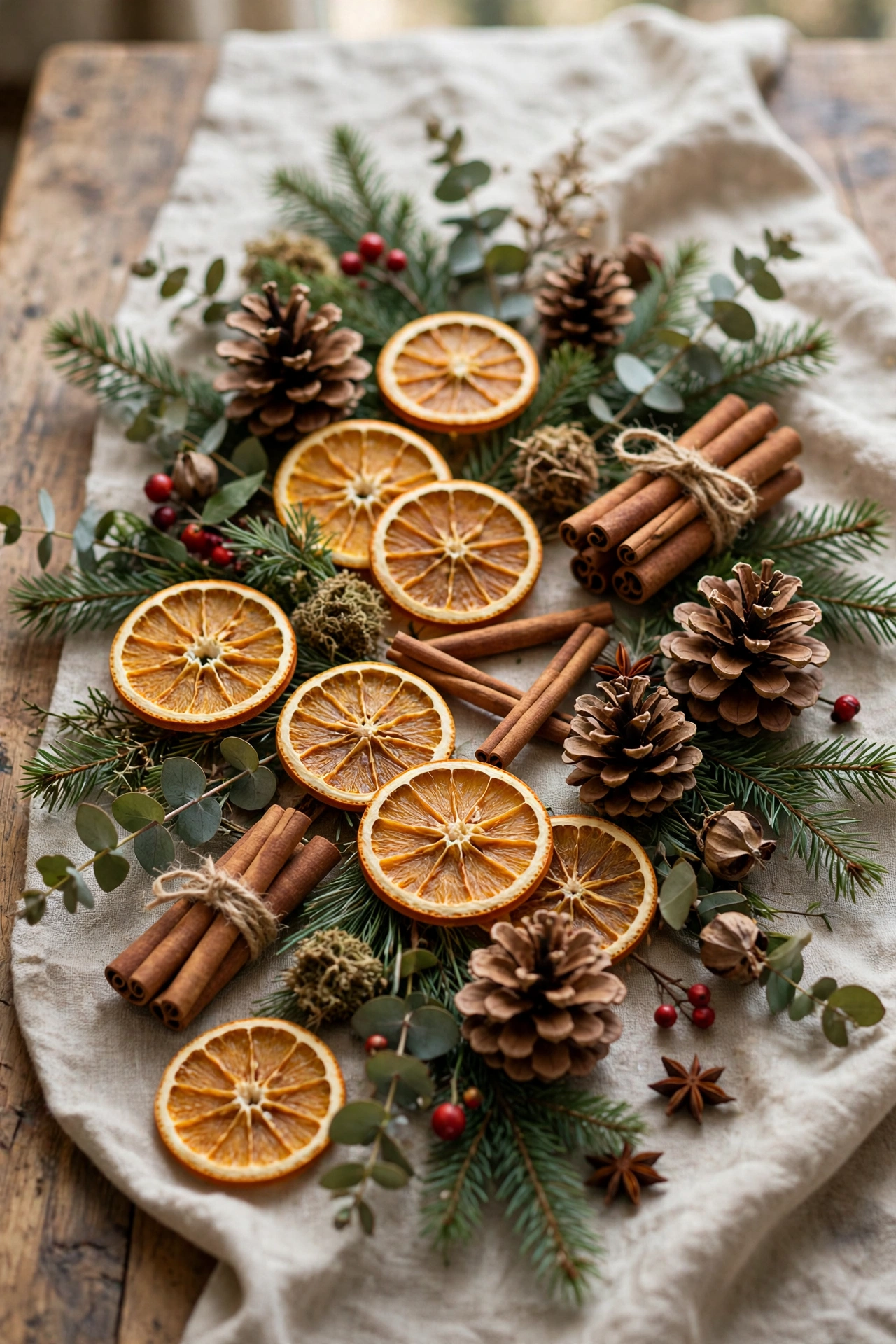 Dried orange slices, pinecones and cinnamon sticks arranged naturally