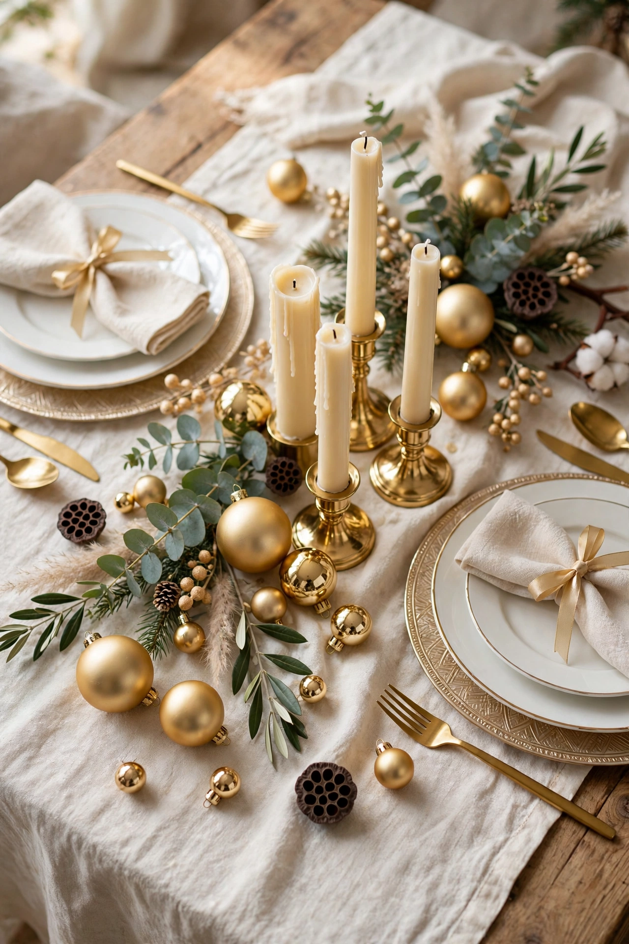 An elegant white and gold Christmas table setting with cream candles