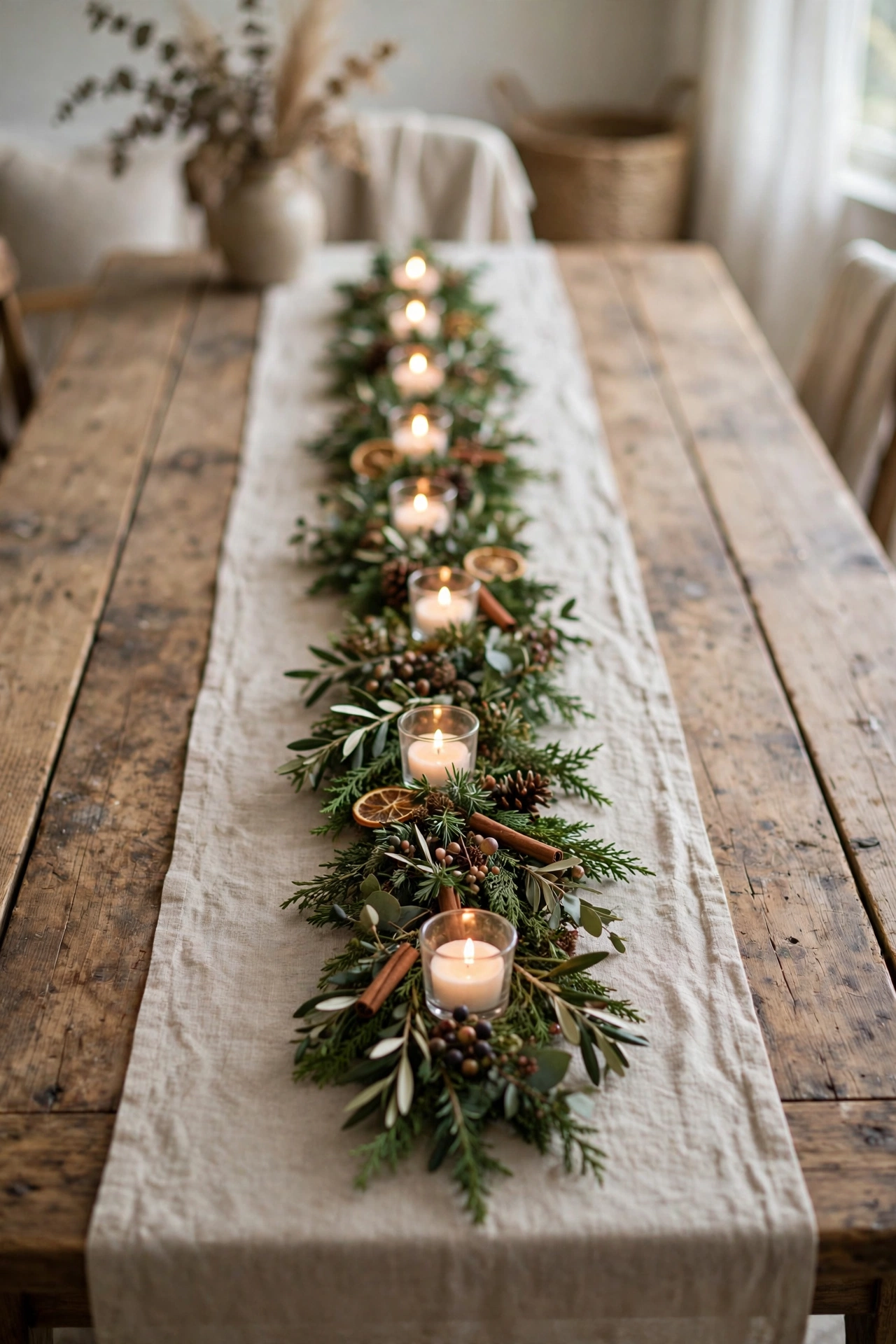 A long low centrepiece strip with garland and tea lights