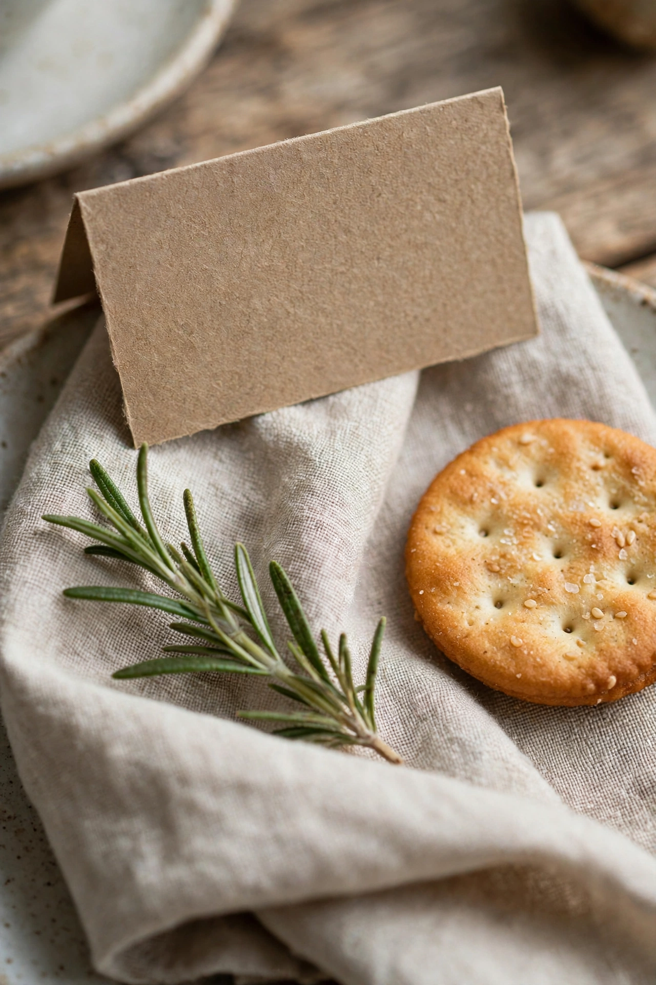 A place setting with a handwritten place card, rosemary sprig and cracker