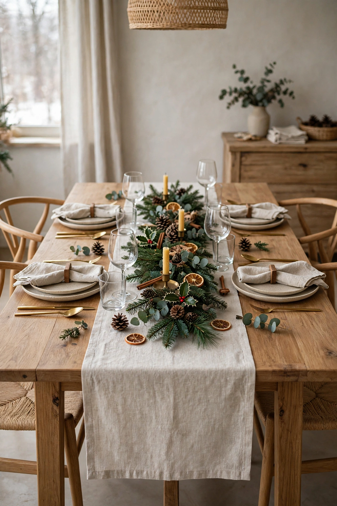 A plain linen runner marking the centre of a dressed Christmas table