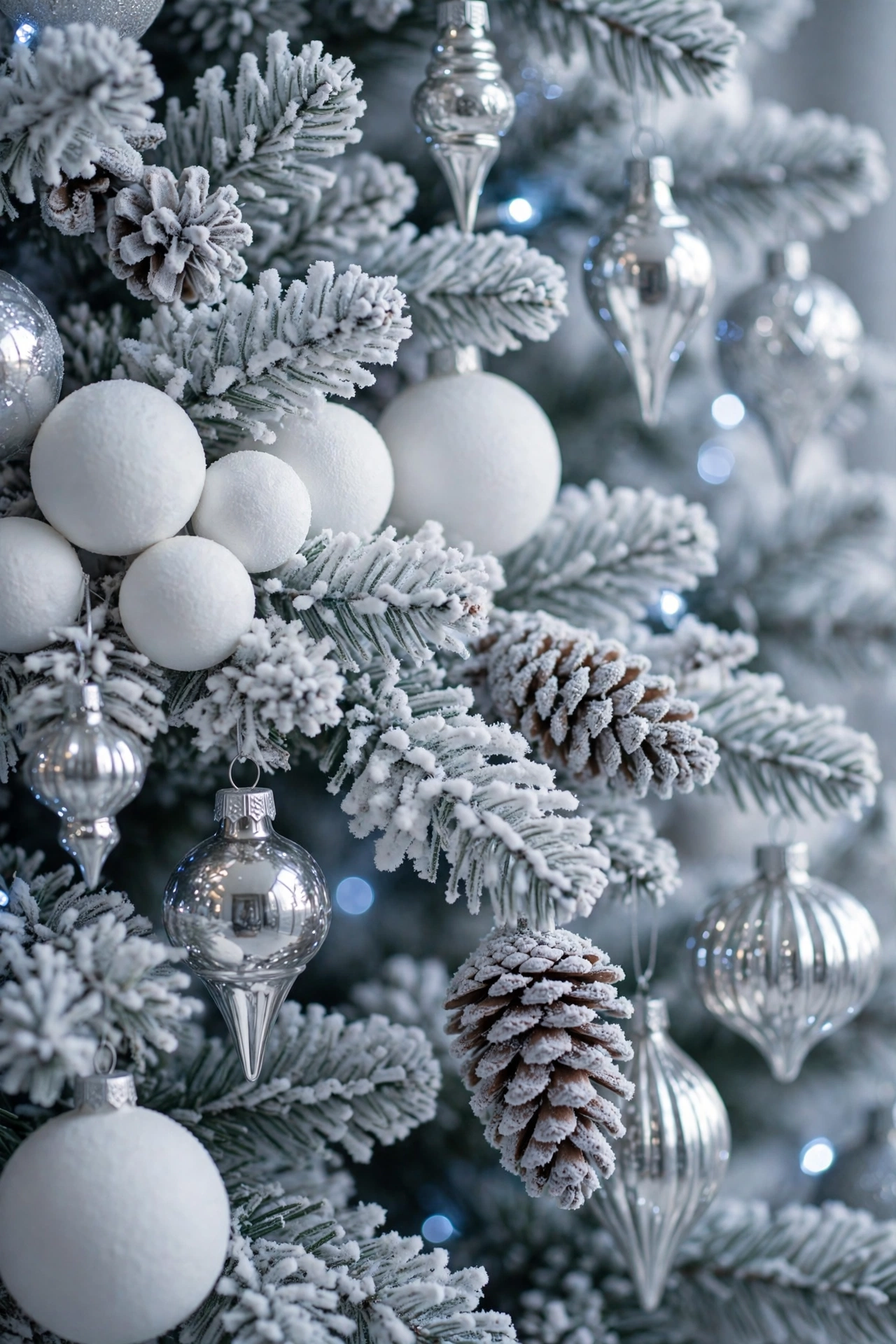 White monochrome Christmas tree with silver ornaments