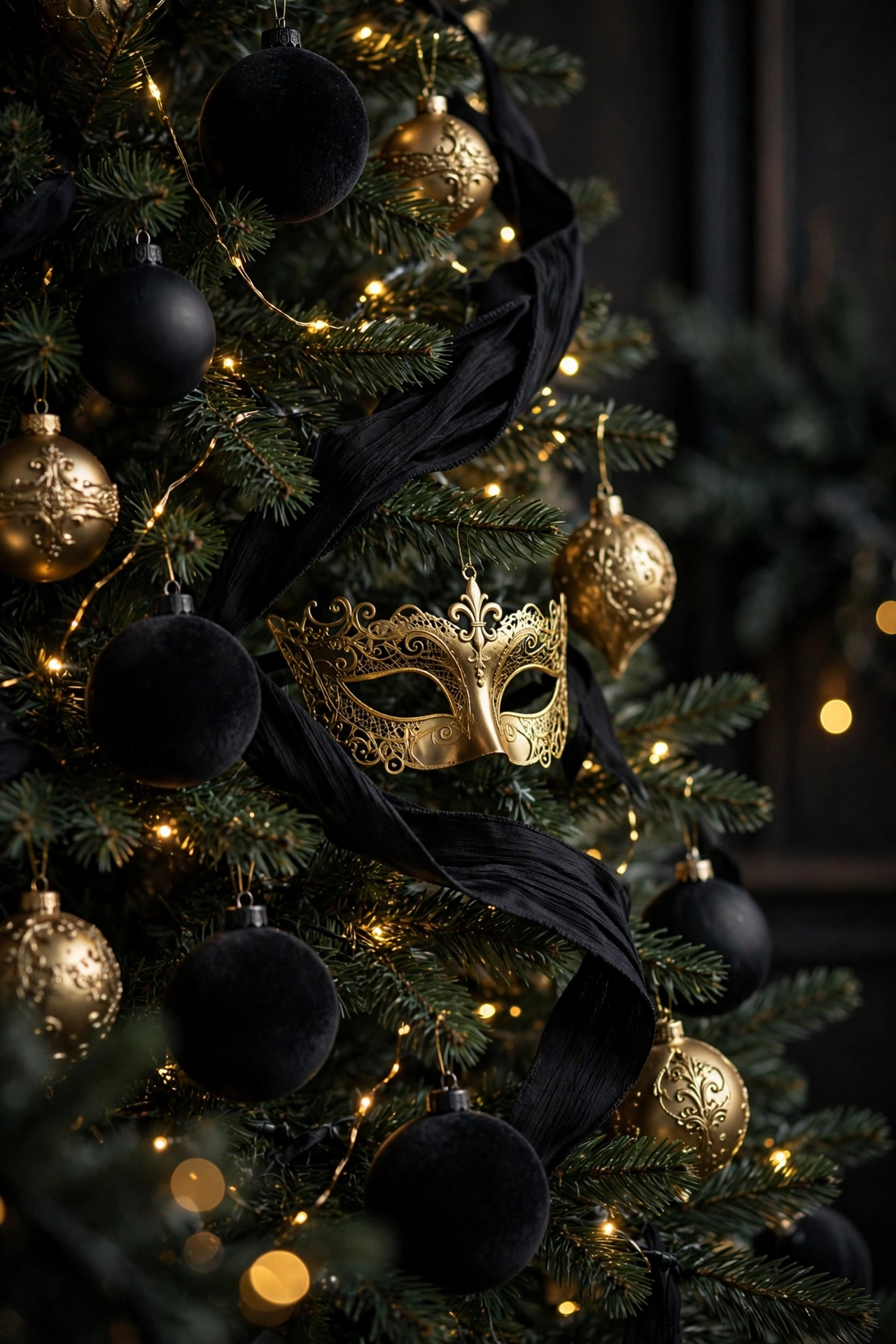 Black and gold masquerade Christmas tree