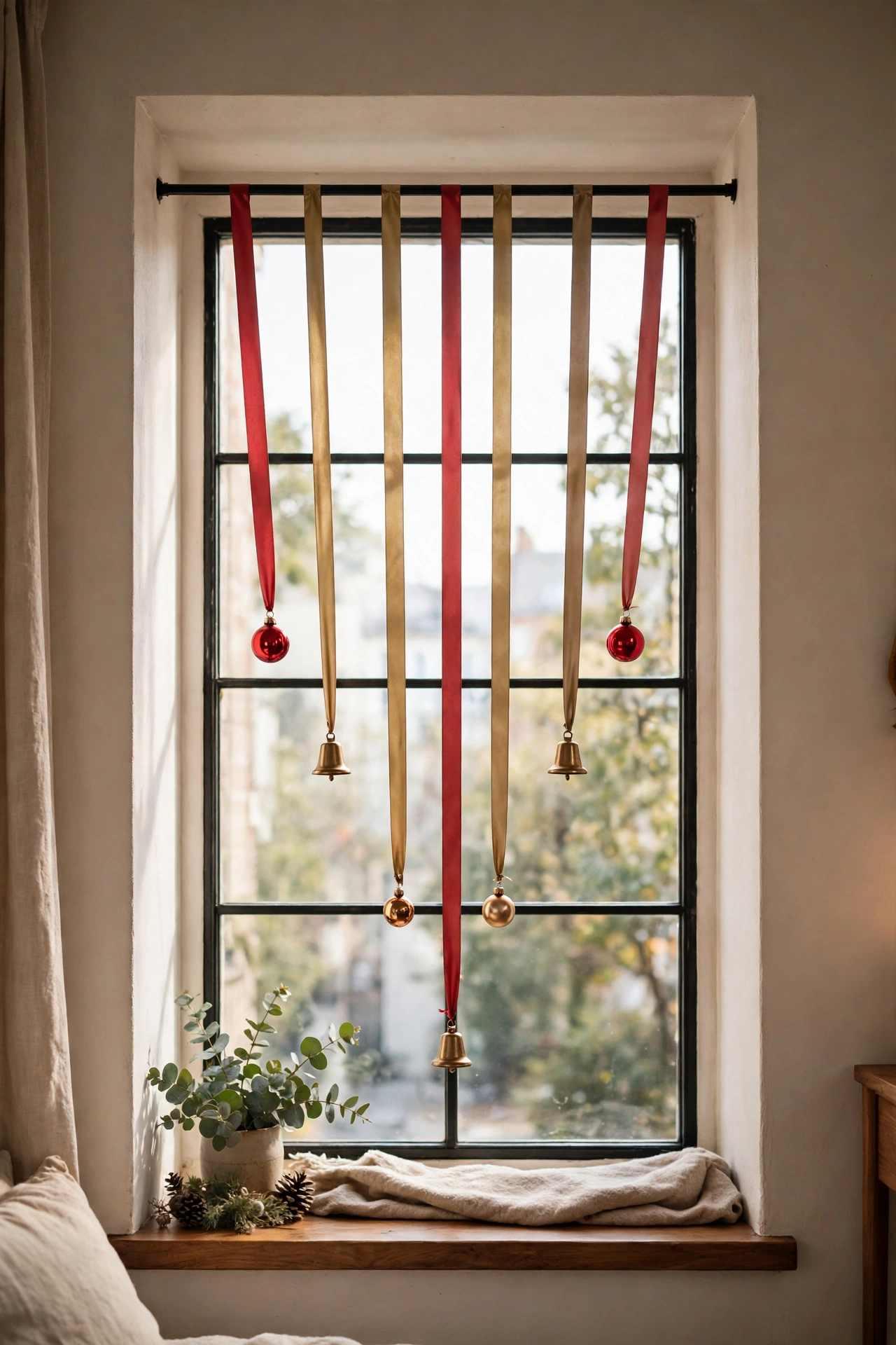 A pine garland wall tree with warm fairy lights and red ornaments on a cream living-room wall.