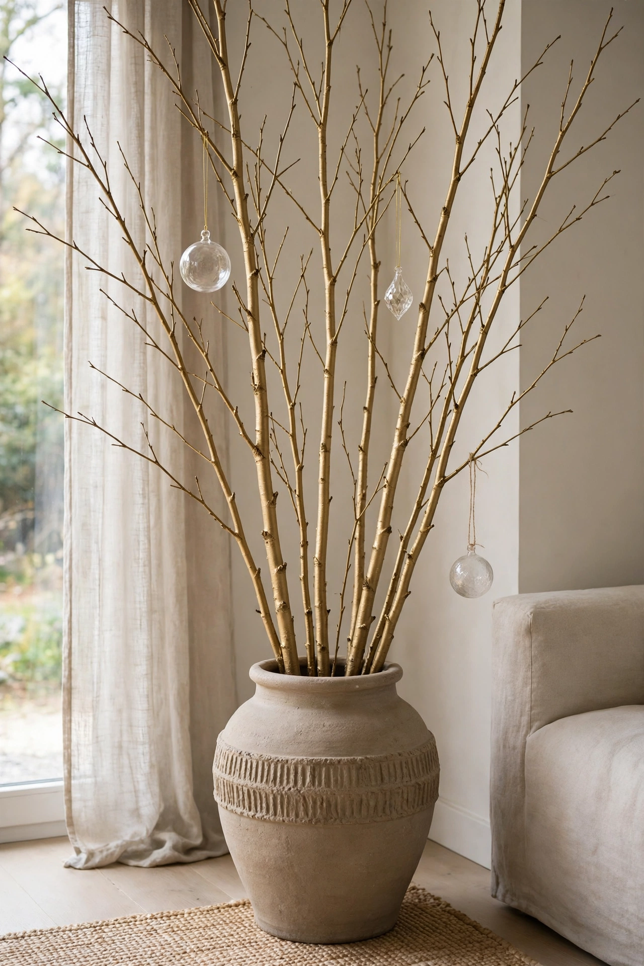 Gold-sprayed birch branches with glass ornaments in a heavy ceramic vase.