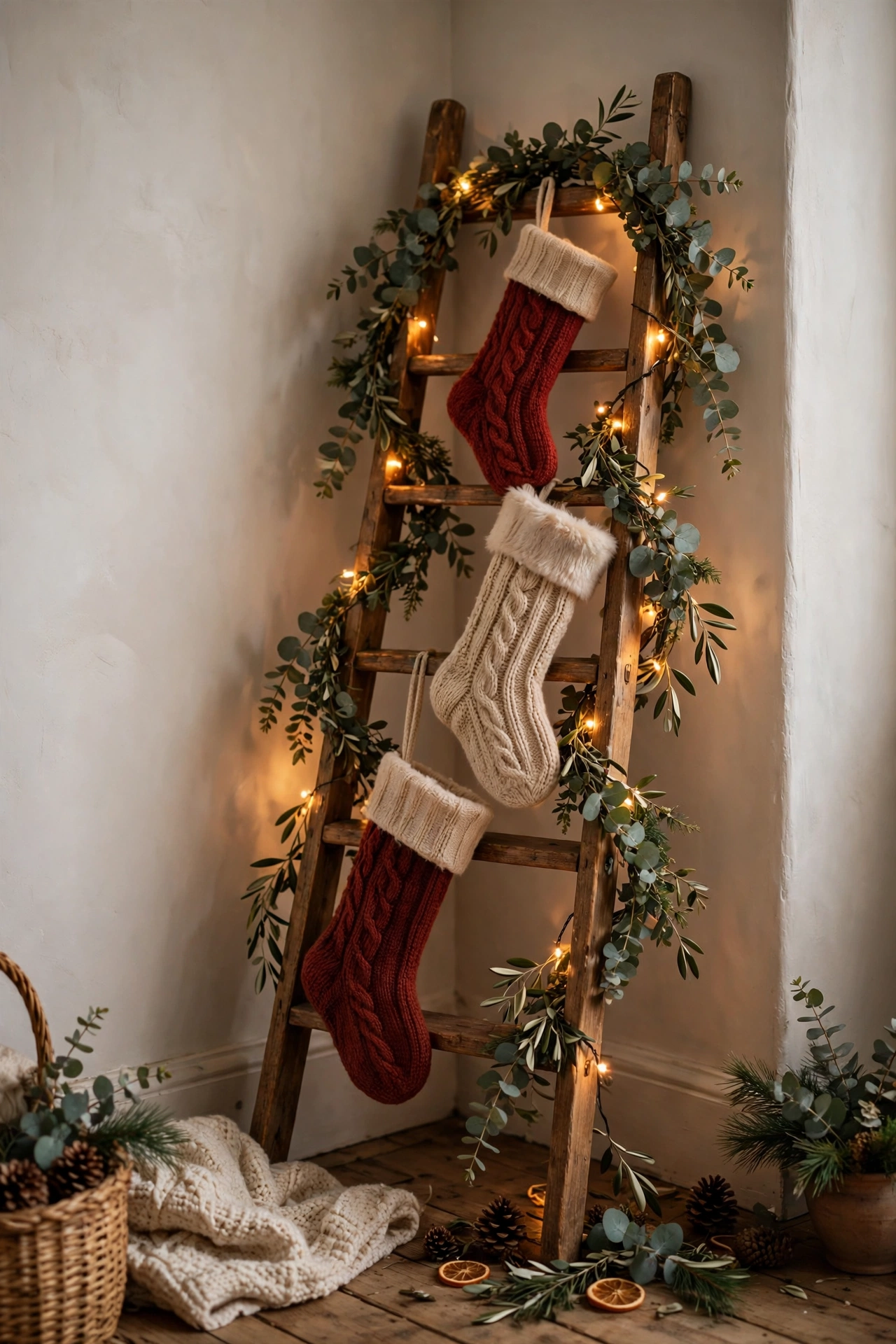 A wooden step ladder wrapped in lights and eucalyptus garland with stockings on the rungs.
