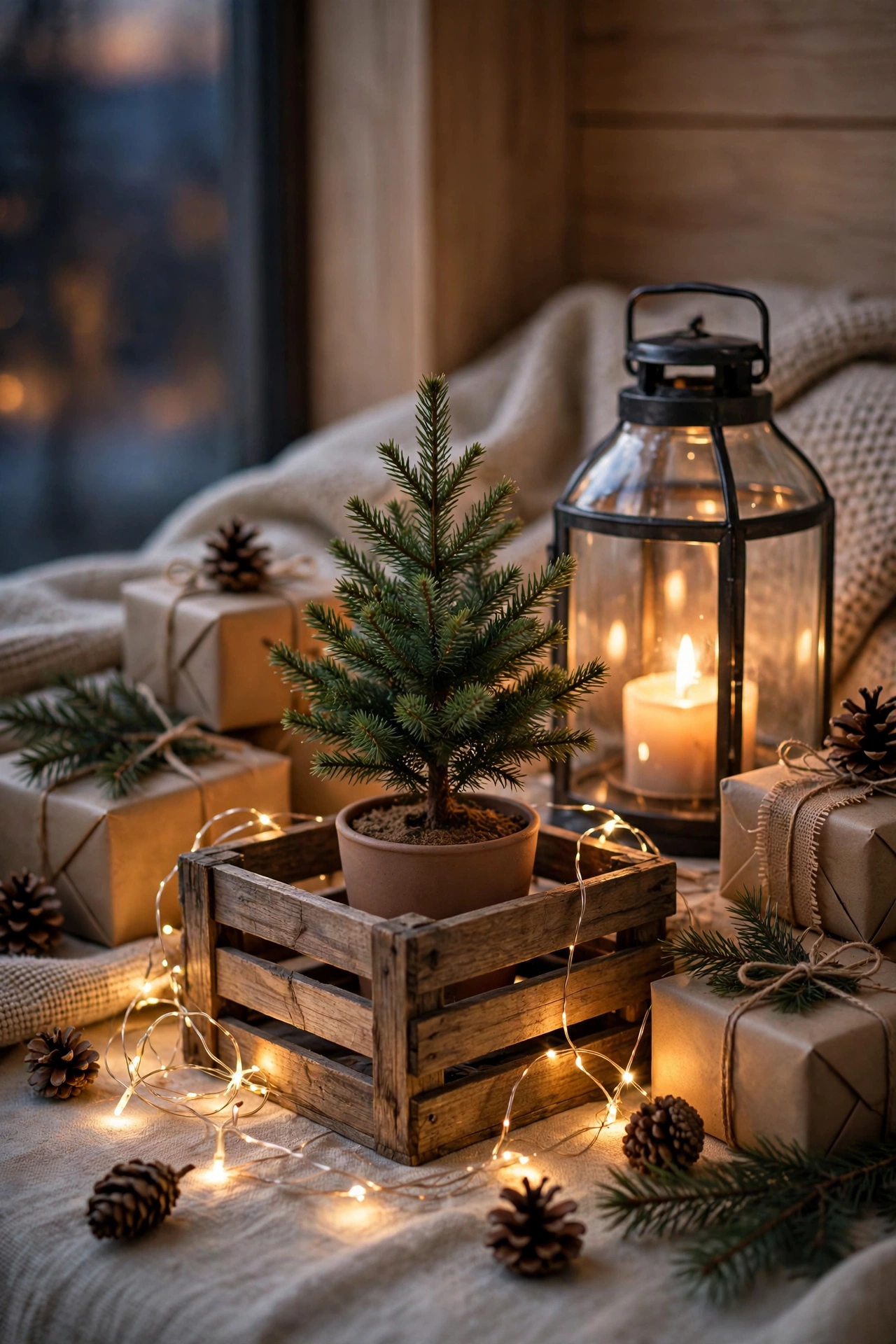 A Christmas corner vignette: mini pine, lantern, gifts and pinecones.