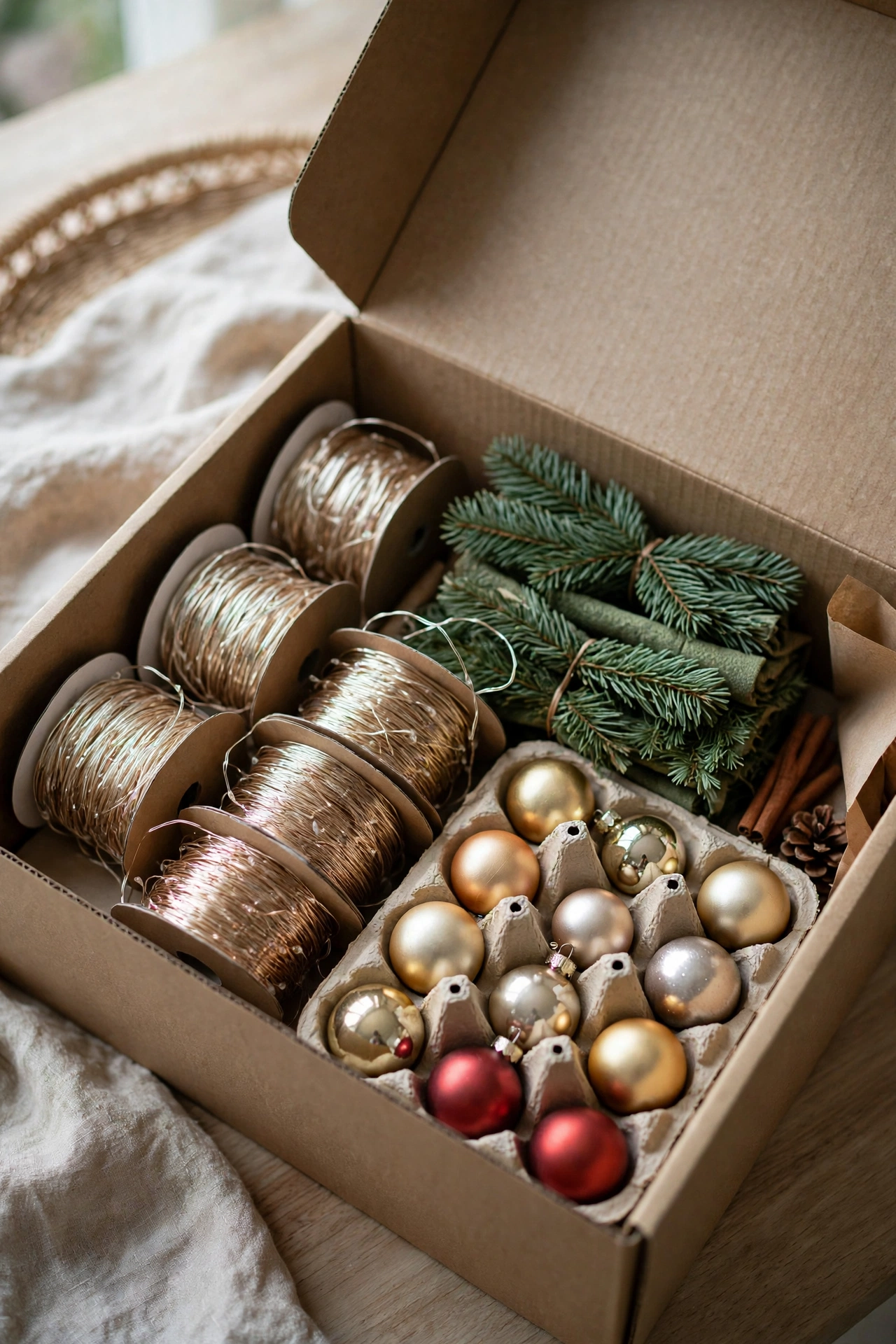 Neatly packed Christmas storage: coiled lights, folded garlands and boxed baubles.