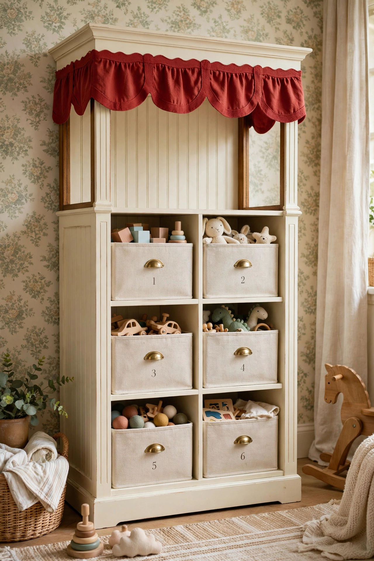Cream toy storage with a red scalloped valance styled like a ticket booth.