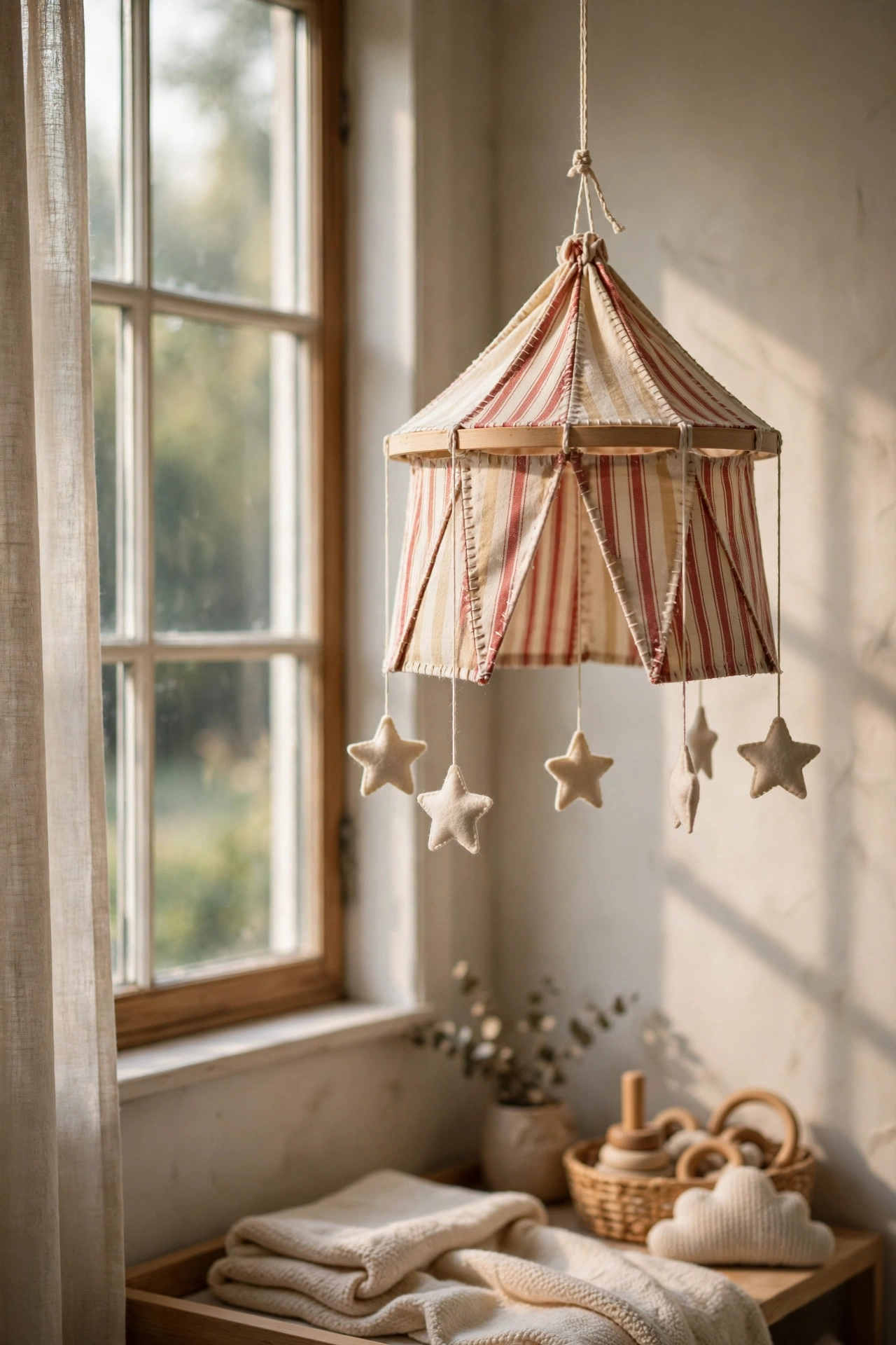 A handmade fabric big-top mobile with felt stars hanging by the window.