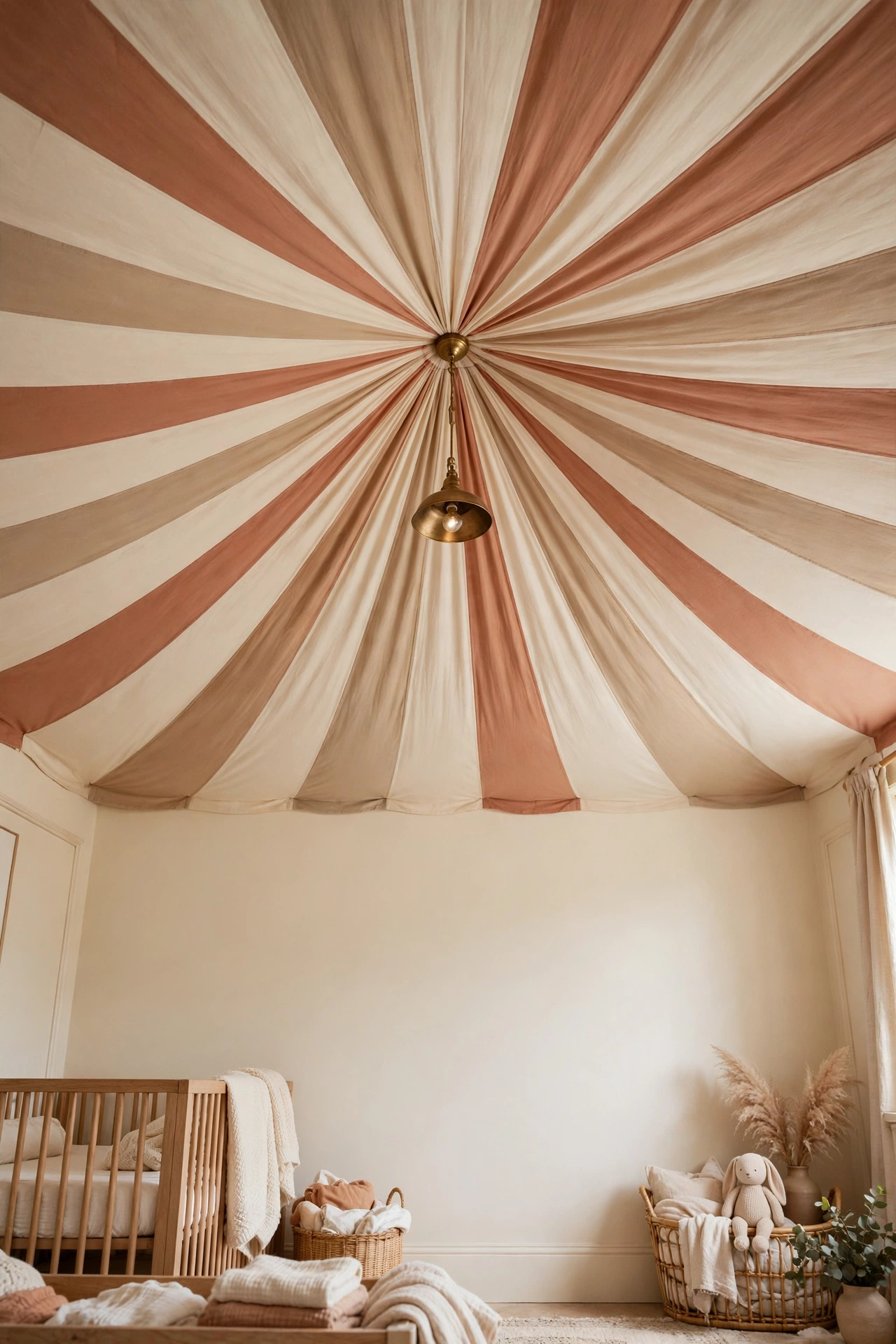 Cream and terracotta radiating stripes turn a nursery ceiling into a big-top tent roof.