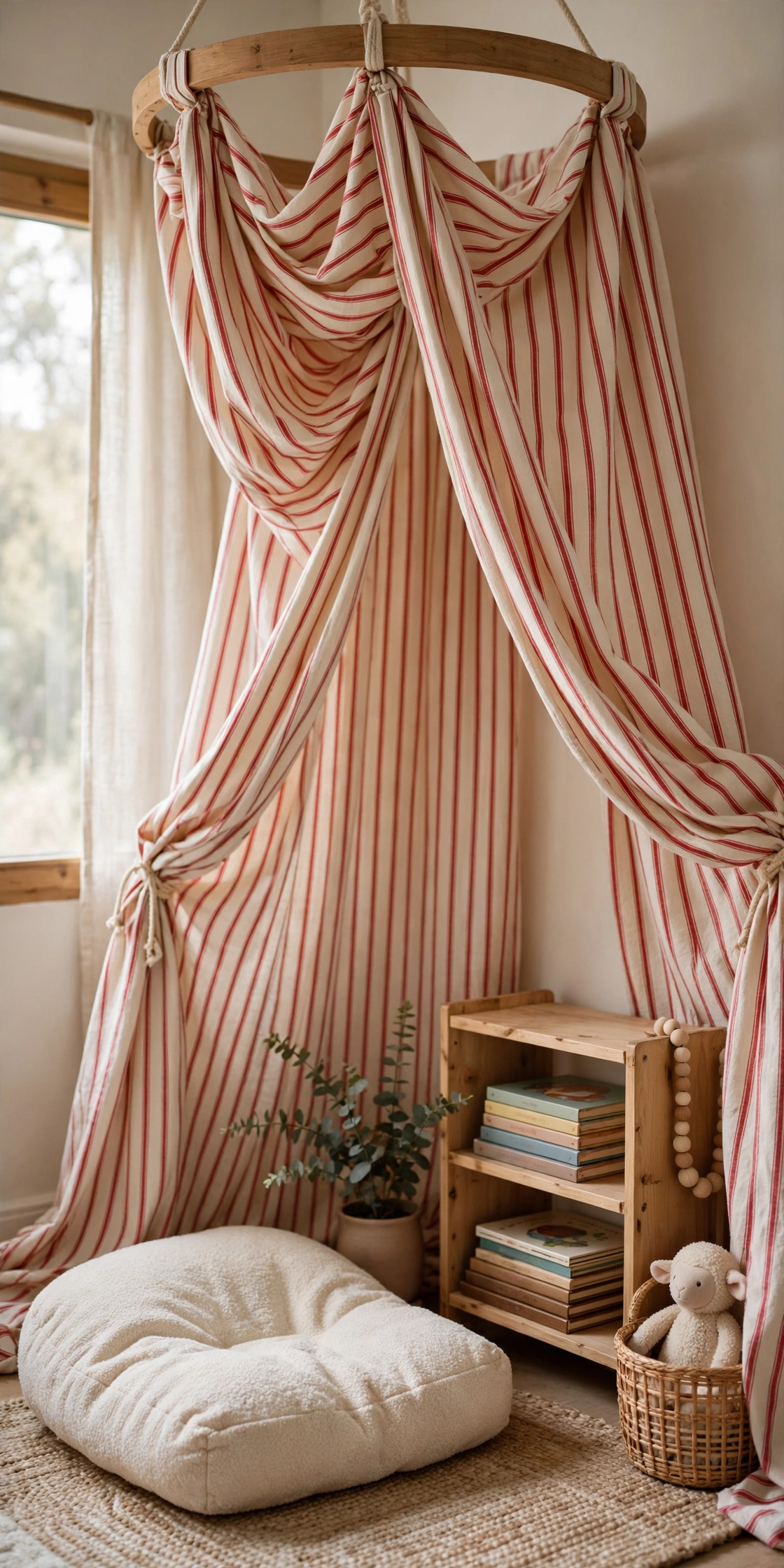 A striped fabric canopy draped from a wooden hoop makes a cosy reading corner.