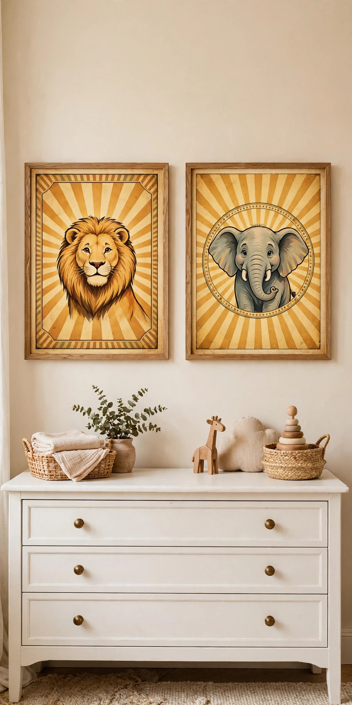 Vintage-style circus poster art in matching wood frames above a nursery dresser.