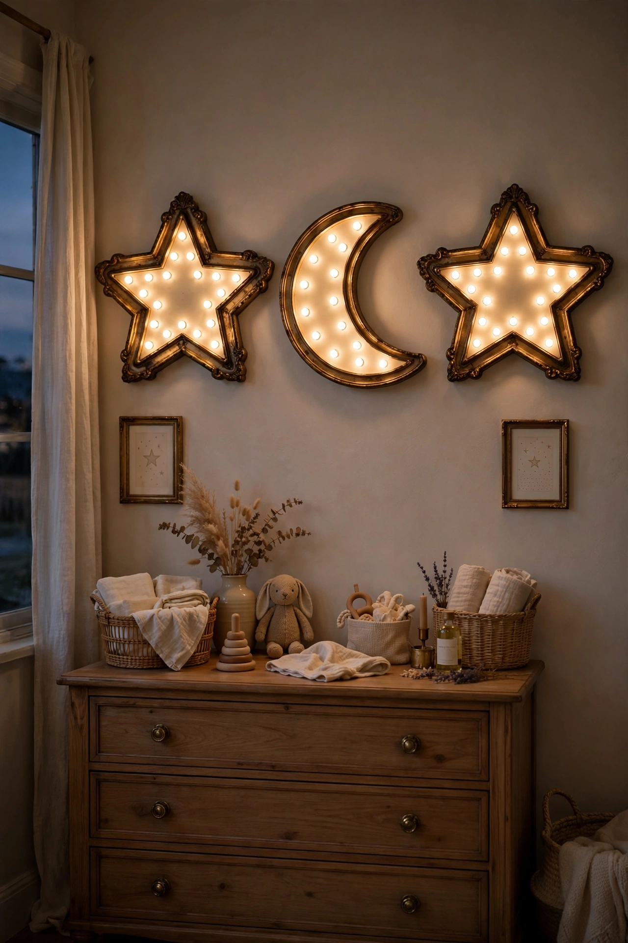 Warm-white LED marquee star and moon lights glowing softly above a nursery dresser.