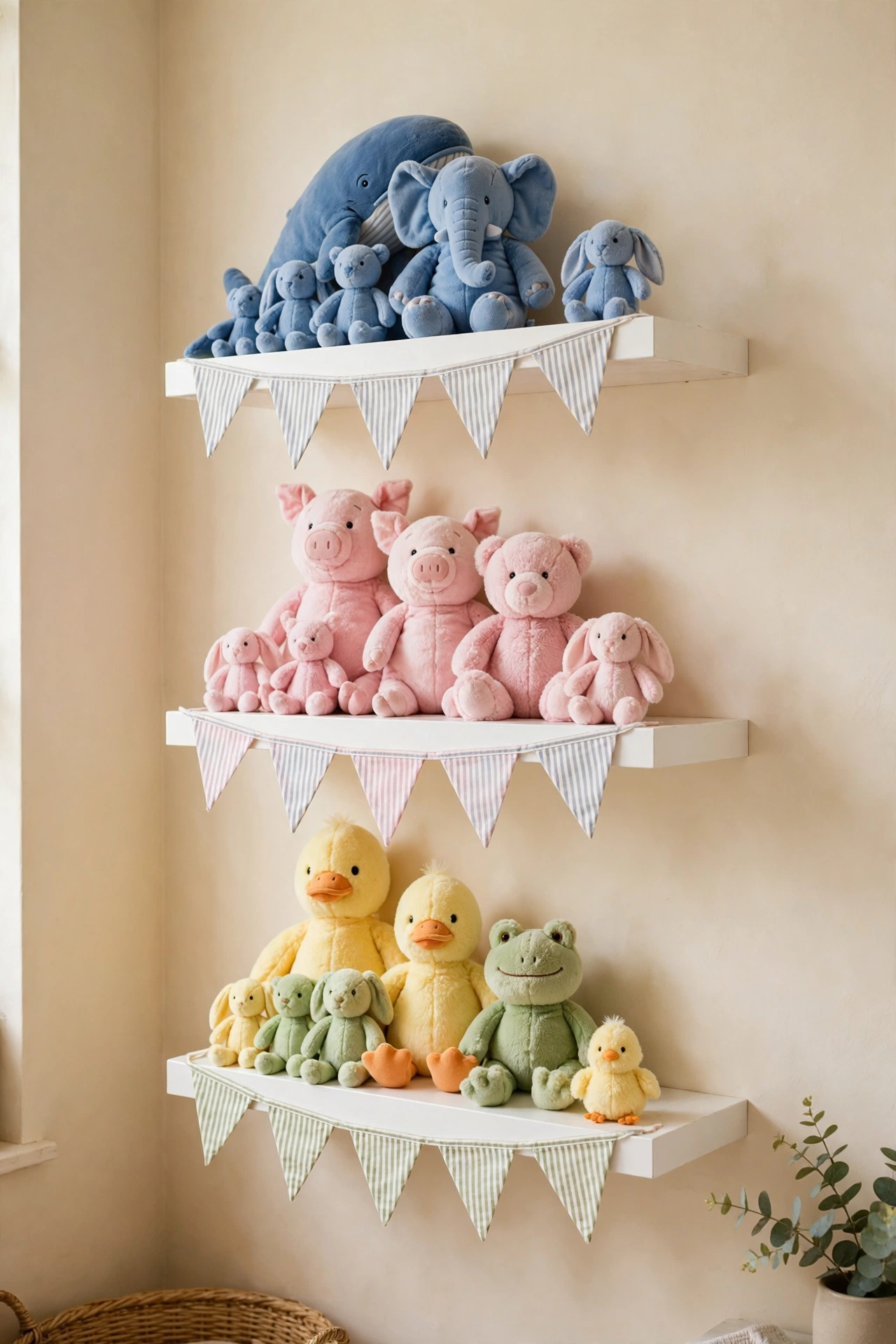 Floating shelves styled as a stuffed animal parade in colour groups.