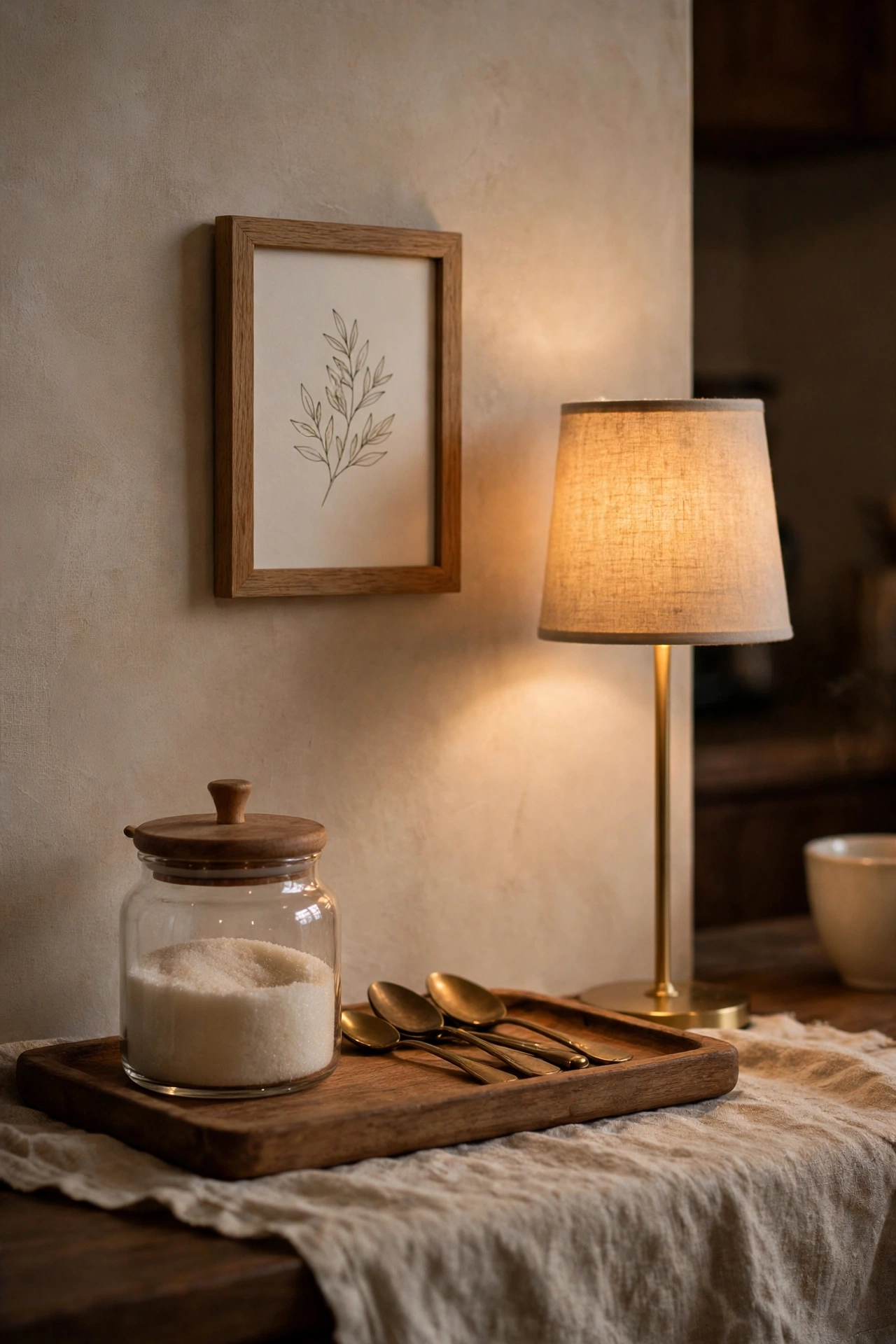 Warm details on a coffee bar: framed art, a small lamp, and a wooden tray