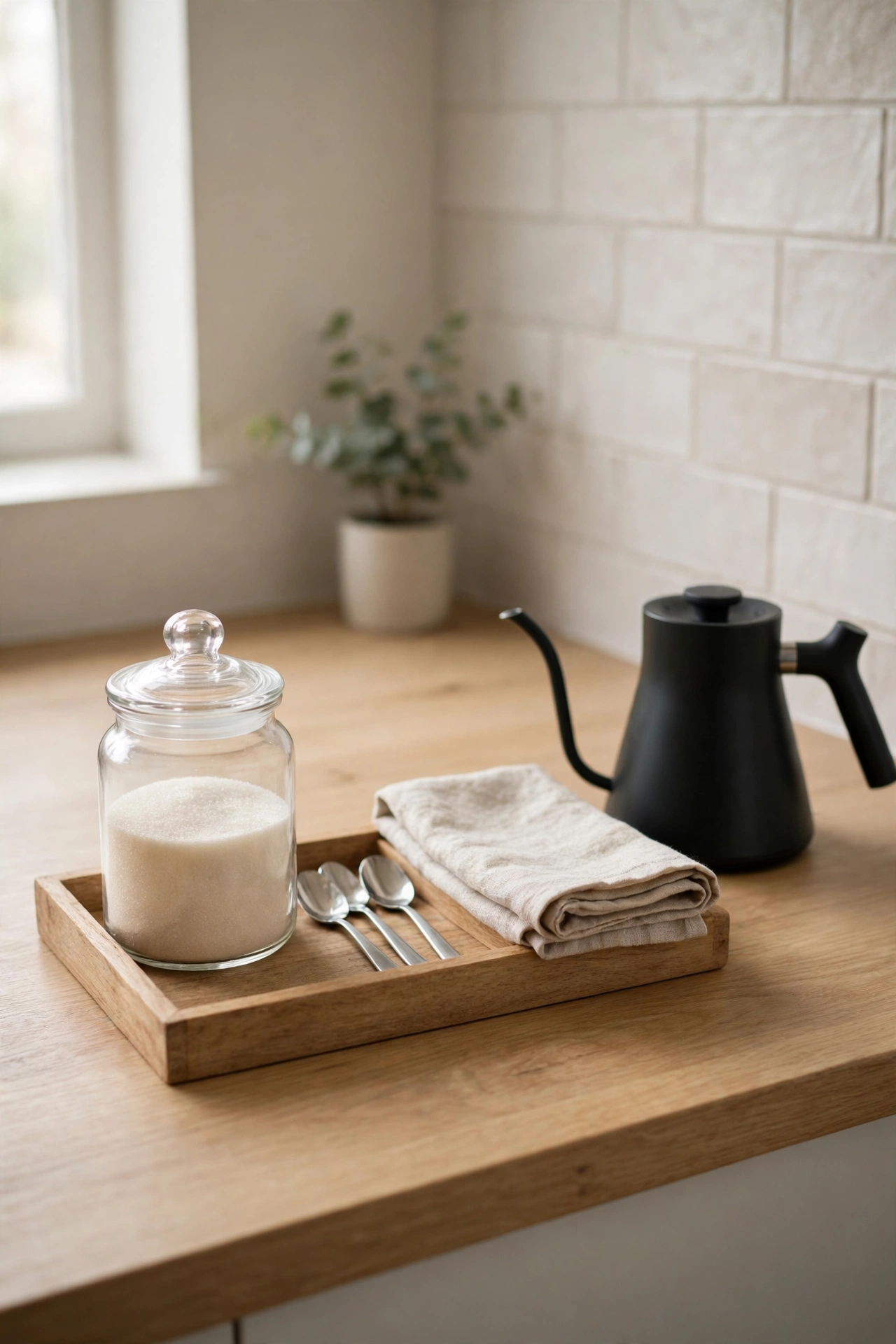 A tidy coffee station with a tray holding sugar, spoons, and a linen towel