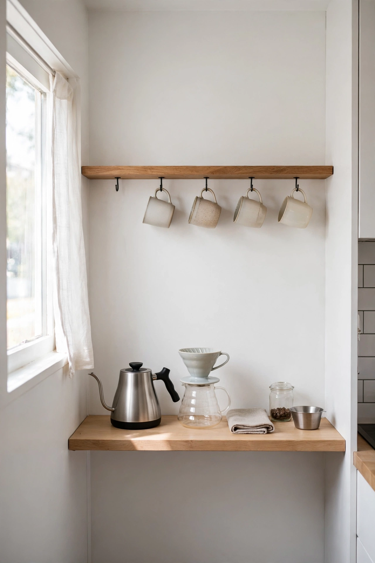 A small-space coffee bar with a single floating shelf and mug hooks