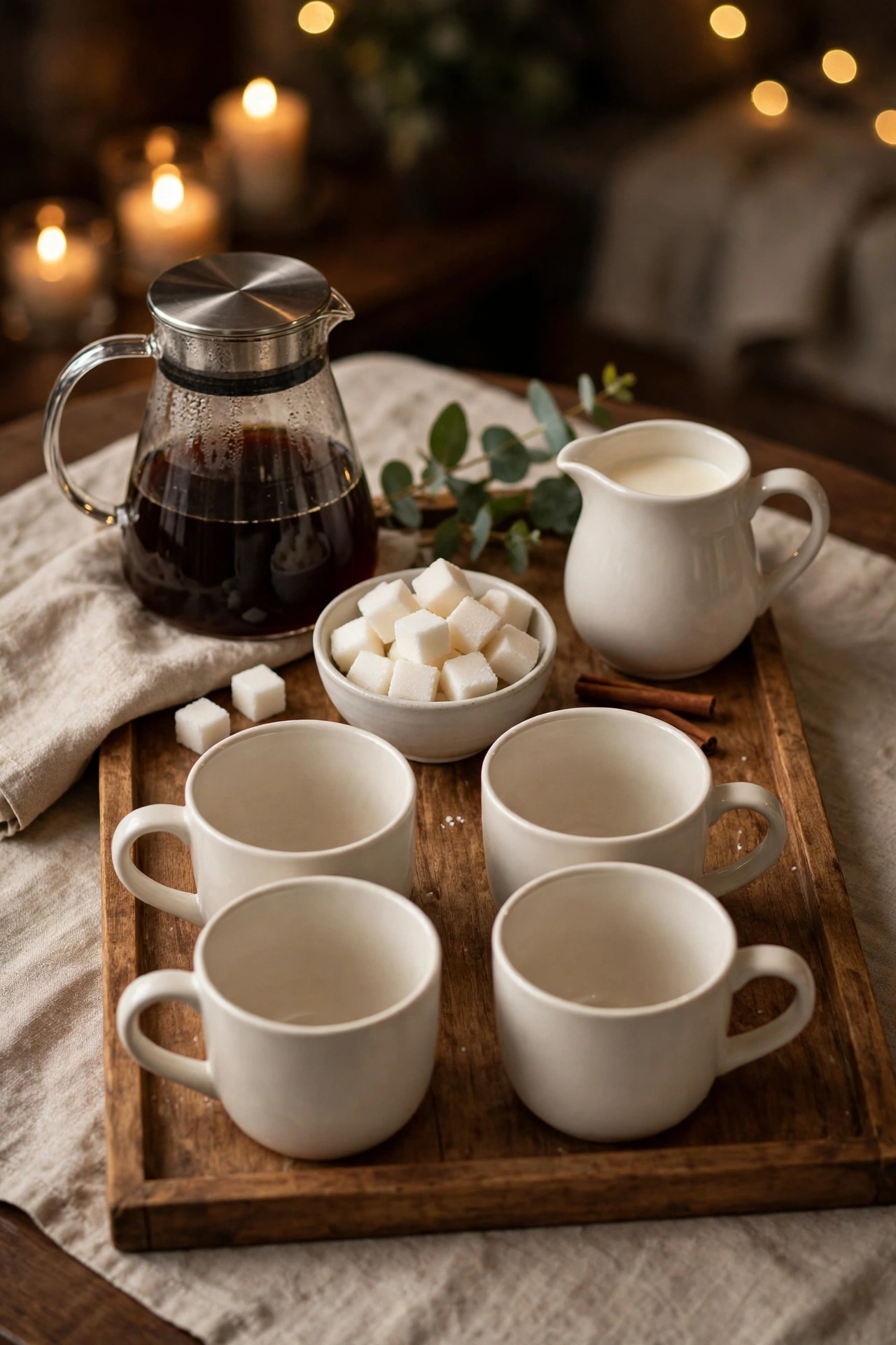An entertaining-ready coffee setup with a carafe, cream pitcher, and mugs