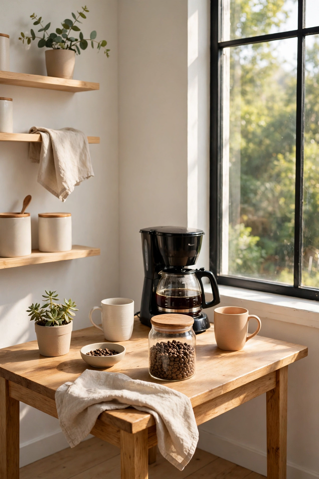 A coffee station tucked into a bright kitchen corner near a sunlit window