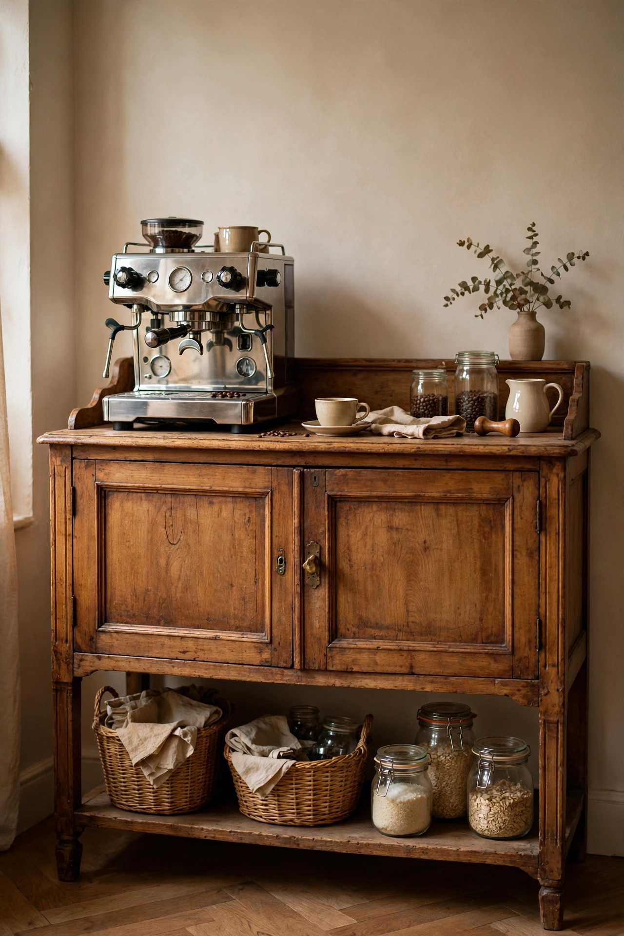 A vintage warm-wood sideboard repurposed as a home coffee bar