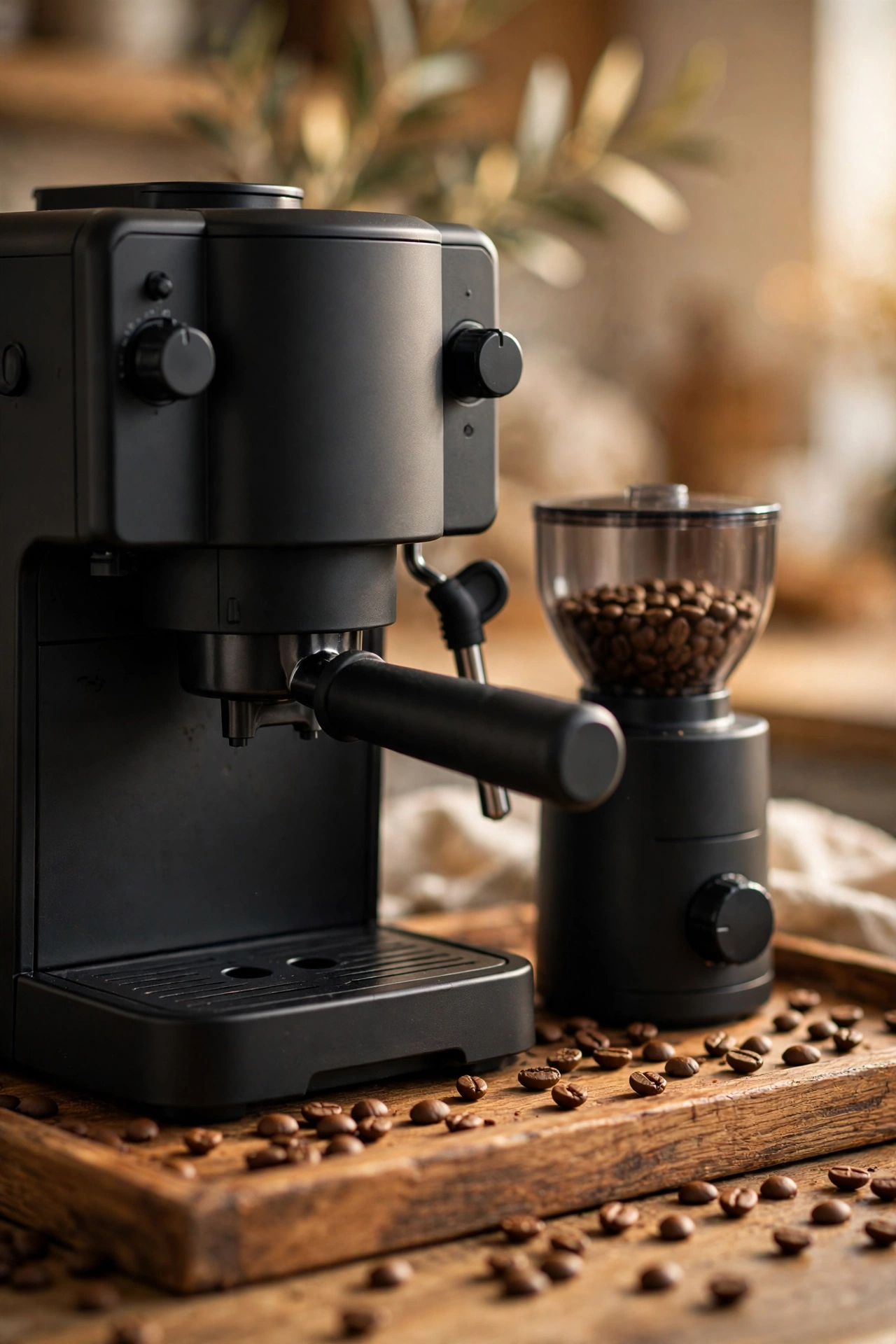 A matte black espresso machine and coffee grinder on a wooden tray, close-up