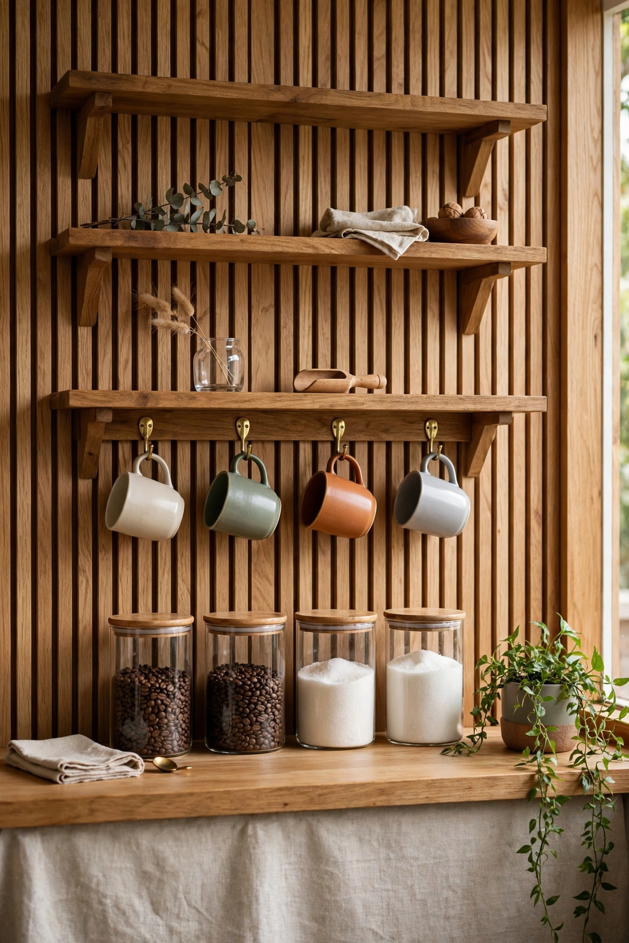 Open wooden shelves with mugs on brass hooks and glass canisters above a coffee counter