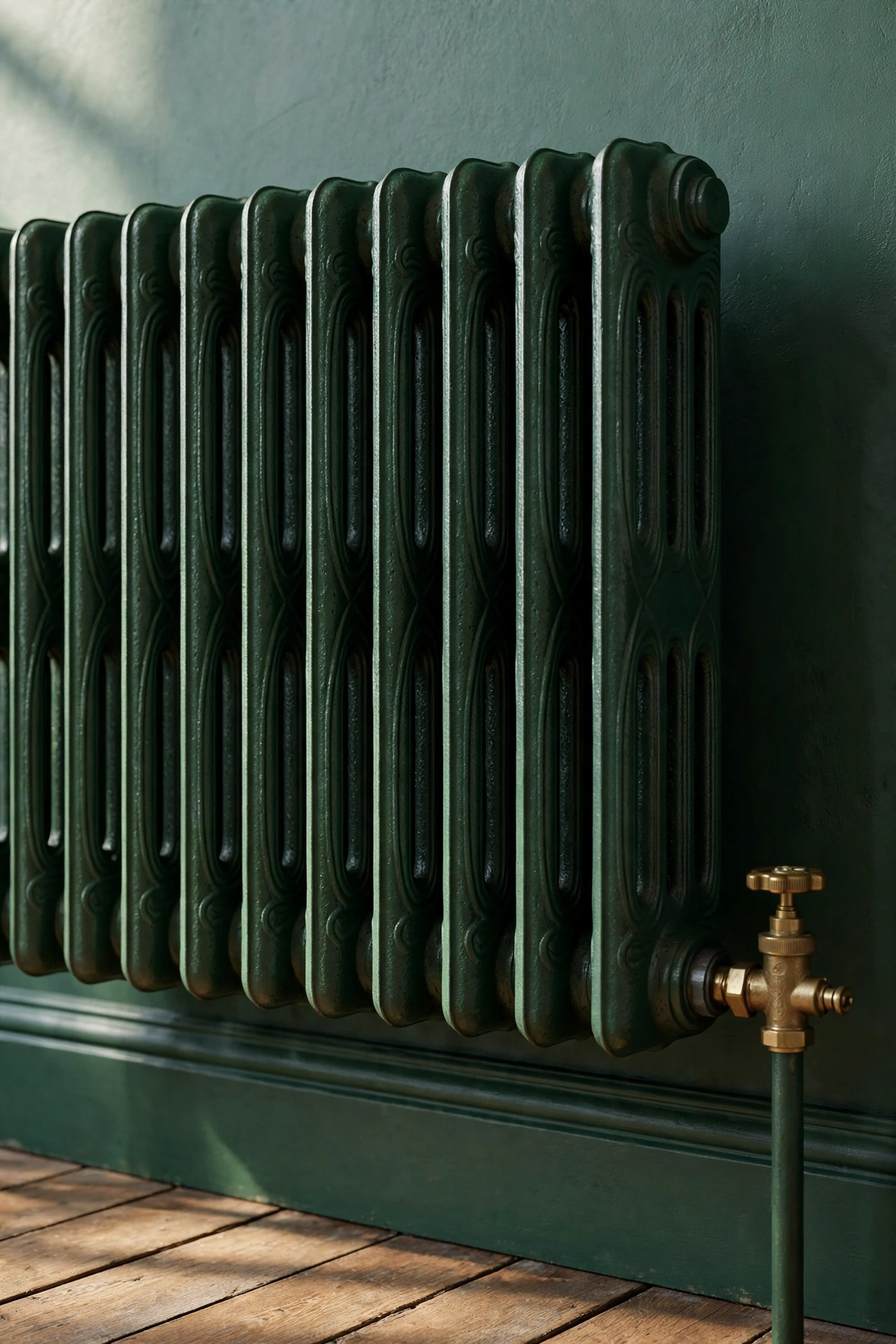 A cast-iron radiator painted to match the wall so it melts into the scheme instead of standing out.