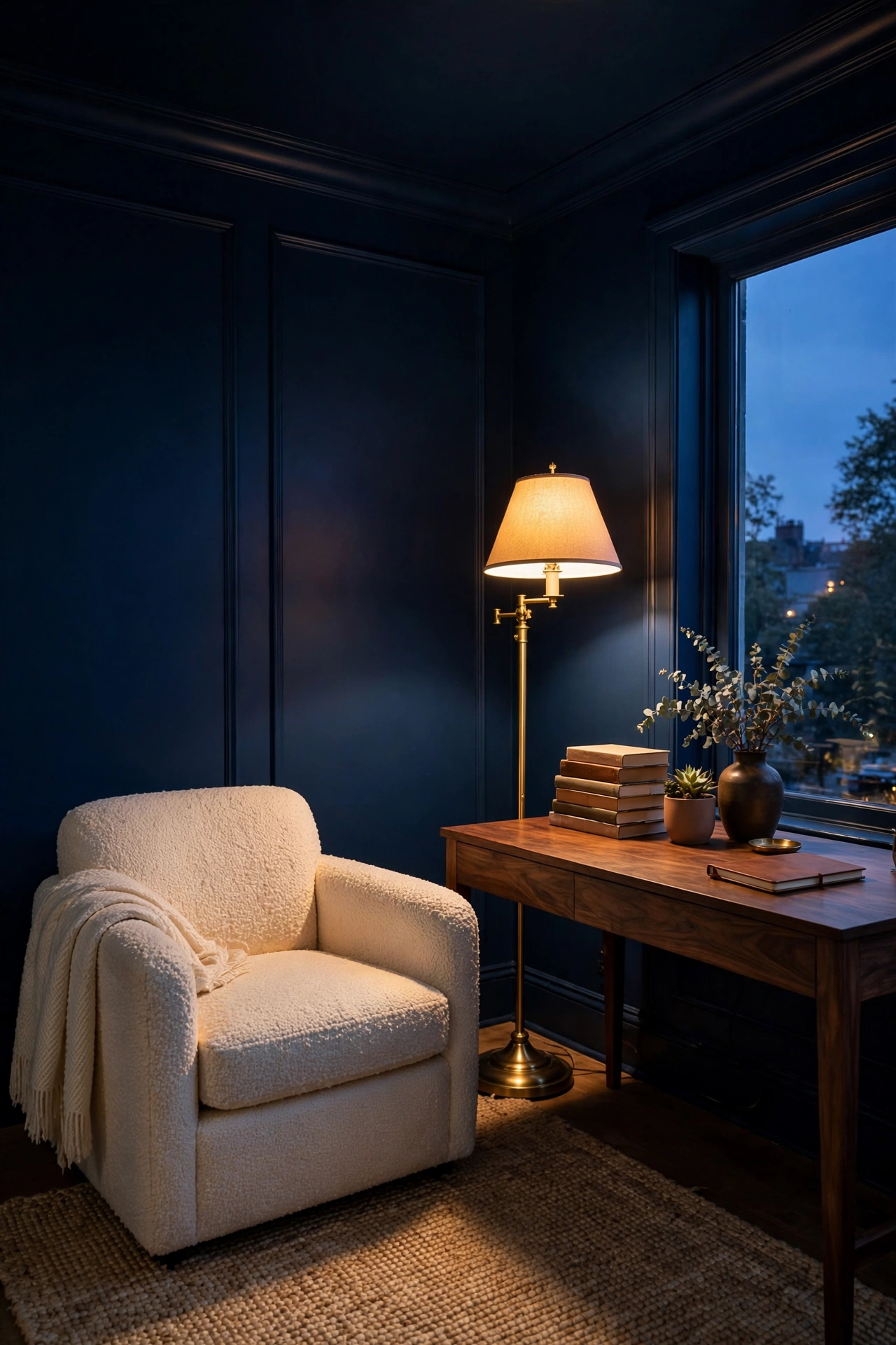 Layered warm lighting keeps a deep navy drenched study cosy after dark.