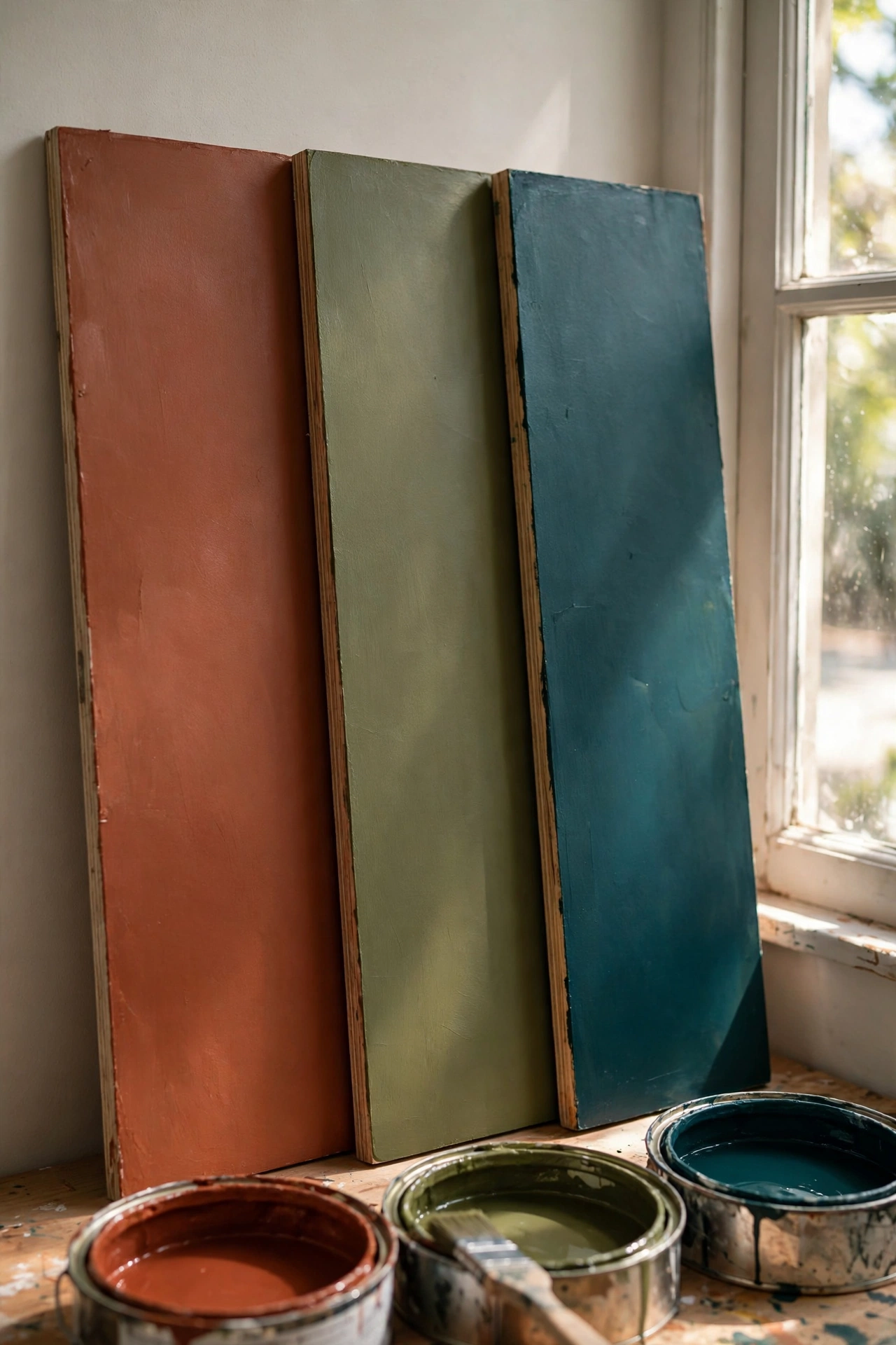 Large painted sample boards in terracotta, olive and deep teal, tested in real room light before committing.