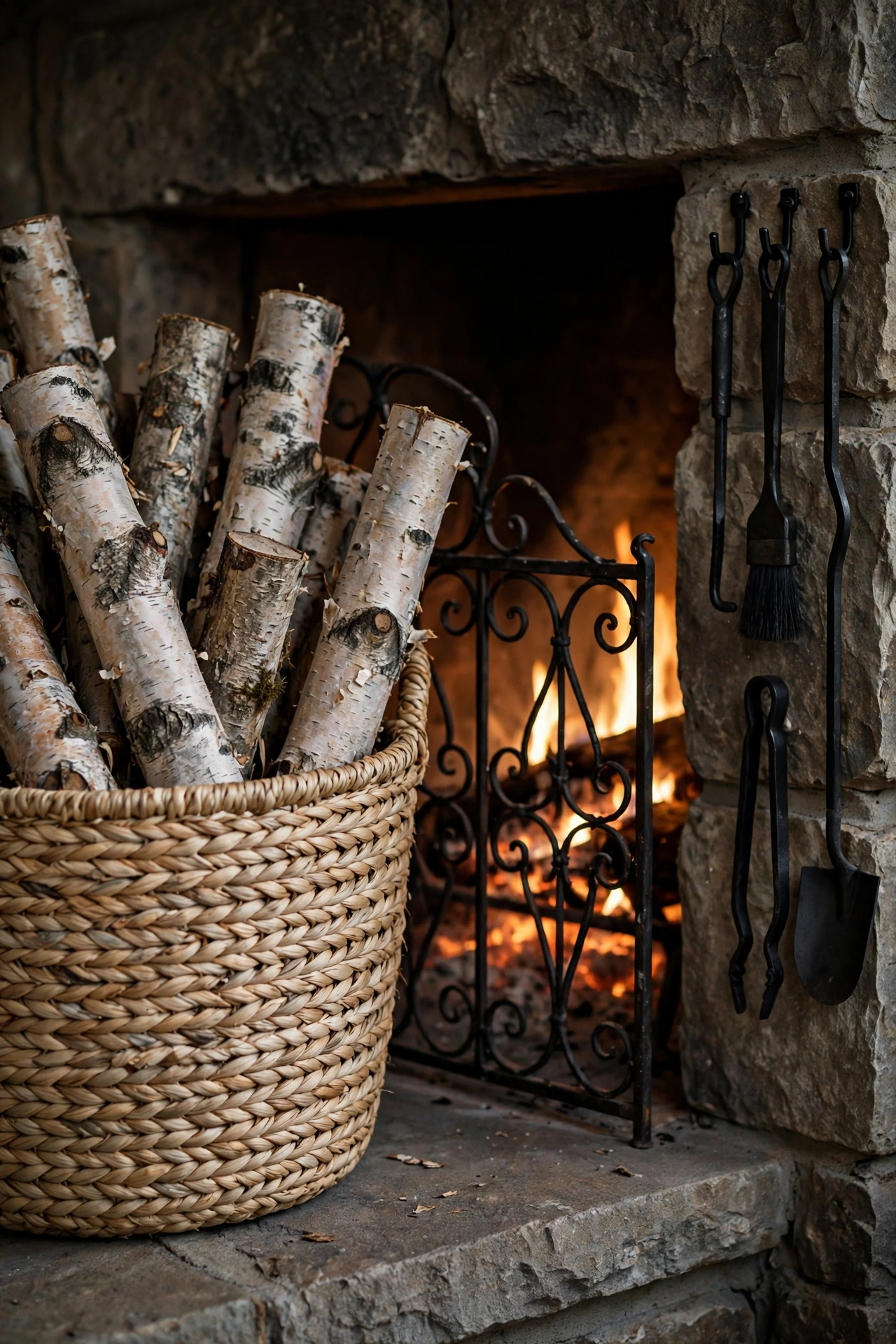 A fireplace wall anchored with balanced armchairs either side of the hearth