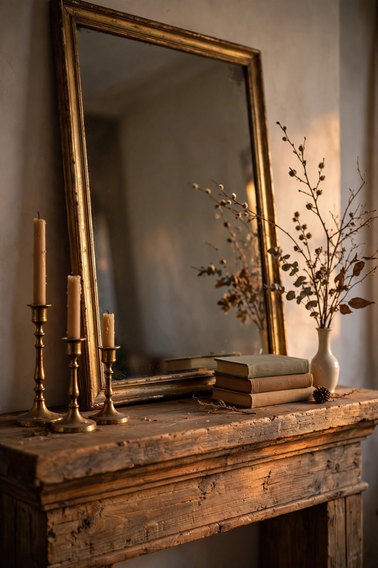 A layered mantel with leaning mirror, candlesticks and books at varied heights