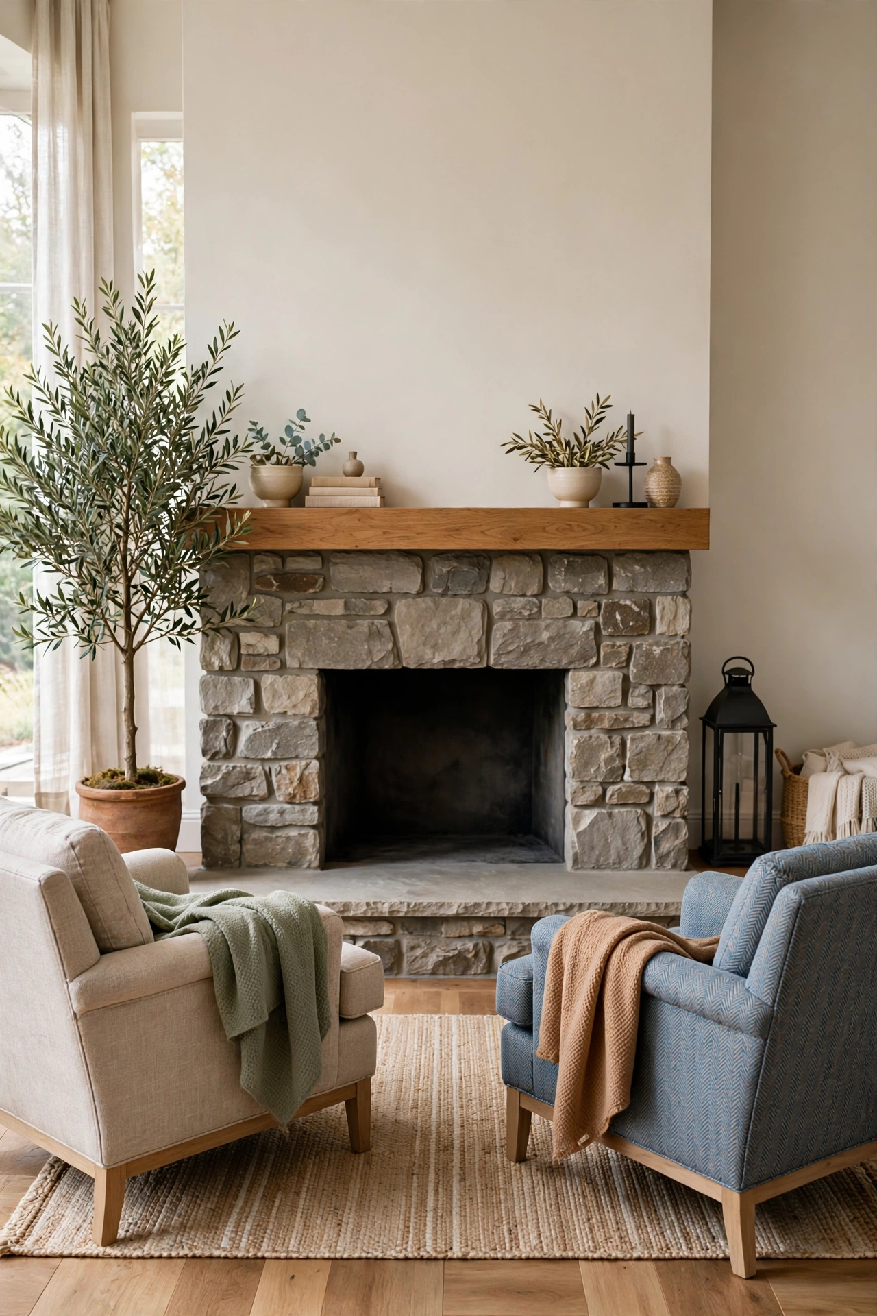 Fireplace accessories: woven log basket, steel tools and an iron fire screen