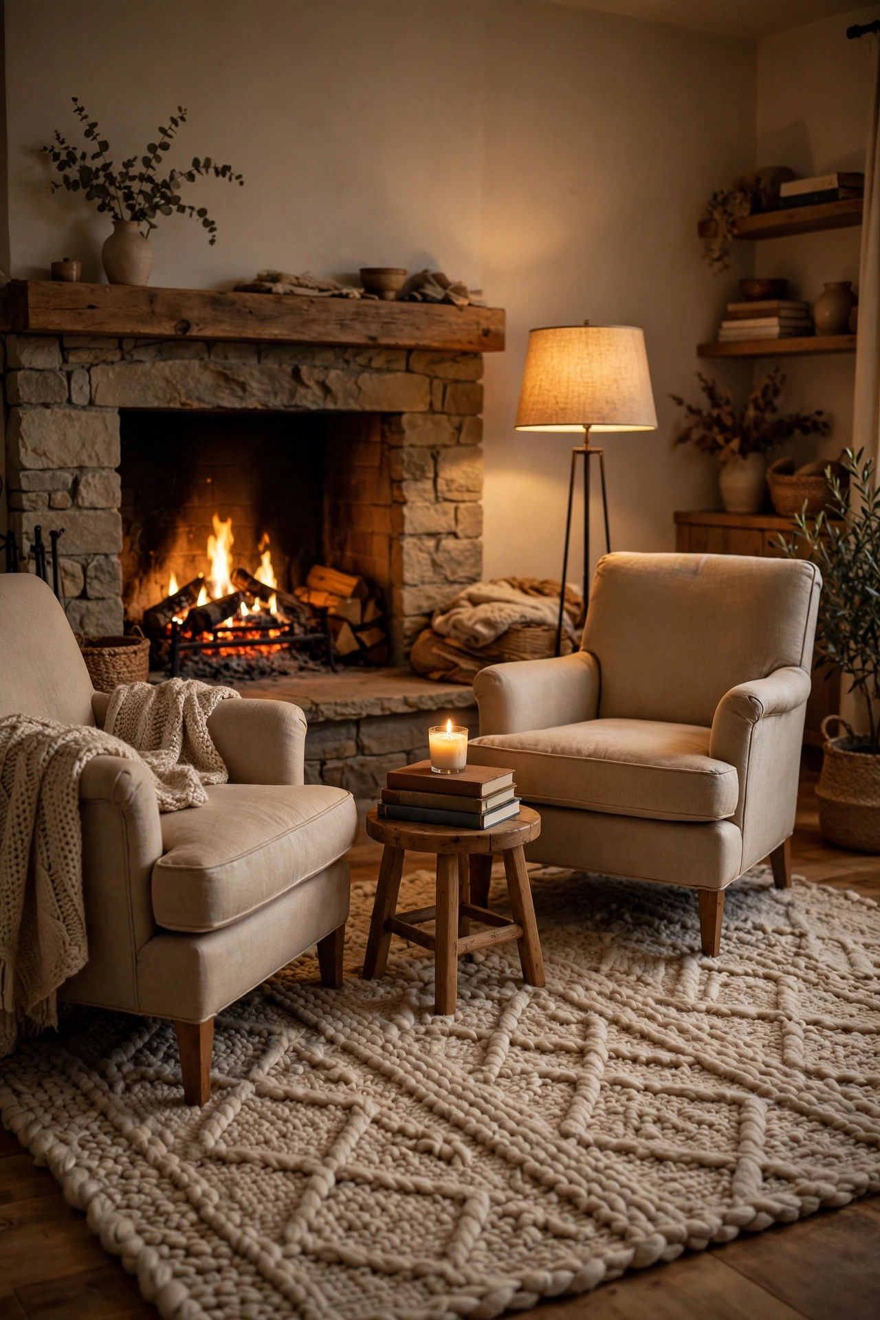 A cosy seating circle around the fireplace with angled chairs and a lit side table