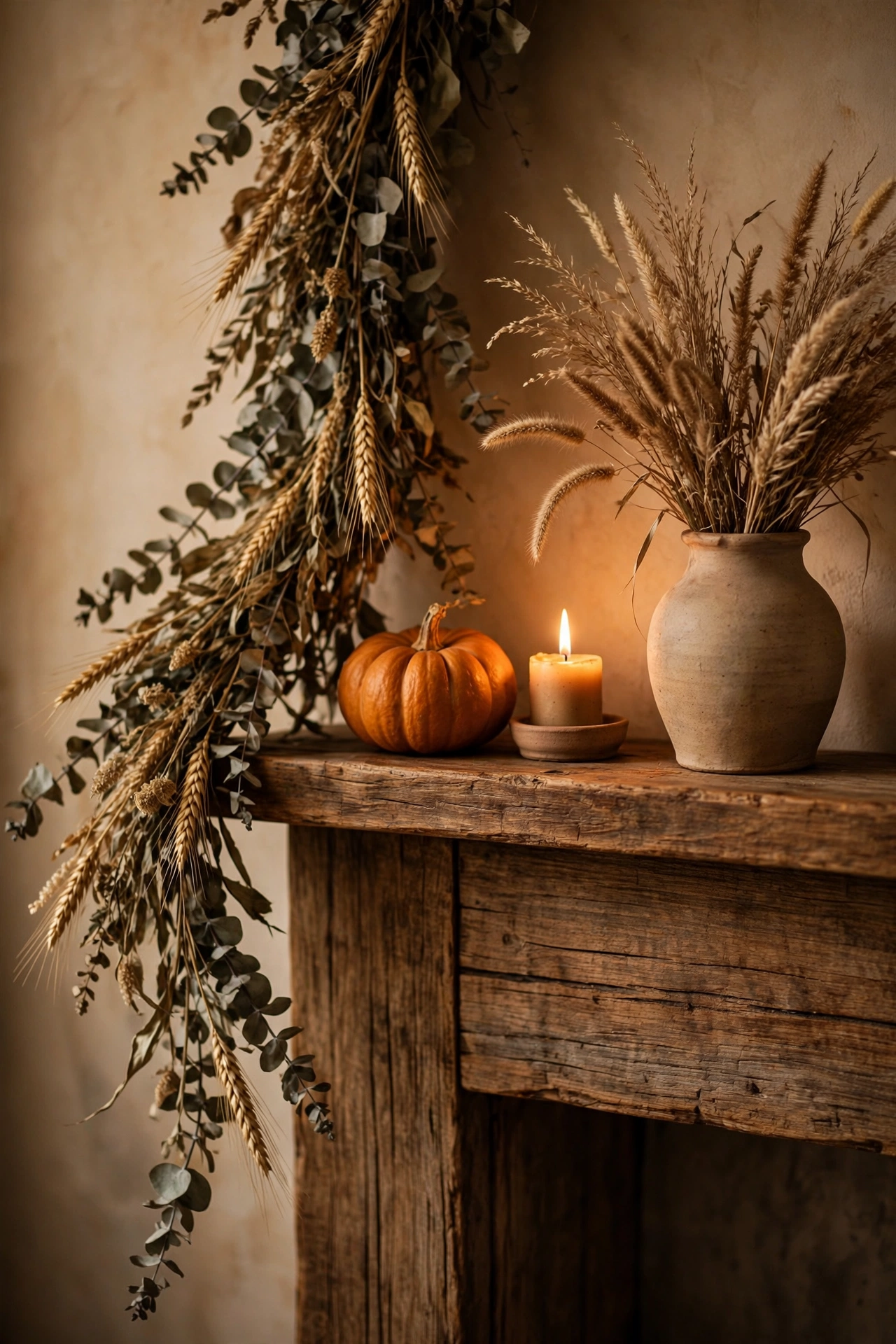 An autumn mantel styled with an asymmetrical eucalyptus garland