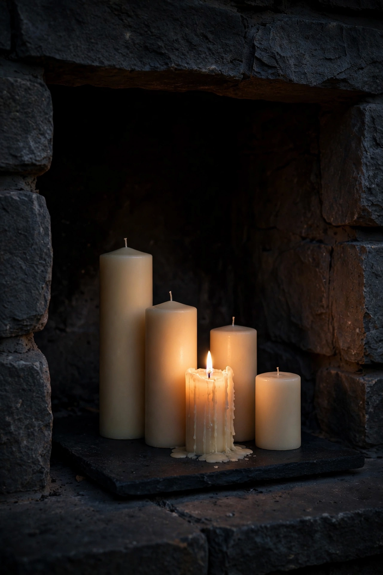 Staggered pillar candles styled inside an unlit firebox