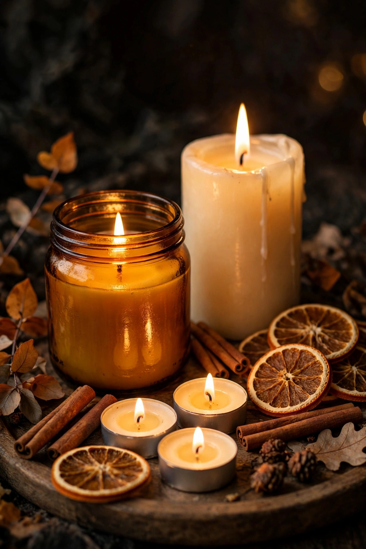 A cluster of lit autumn candles in amber glass and cream on a wooden tray with cinnamon sticks