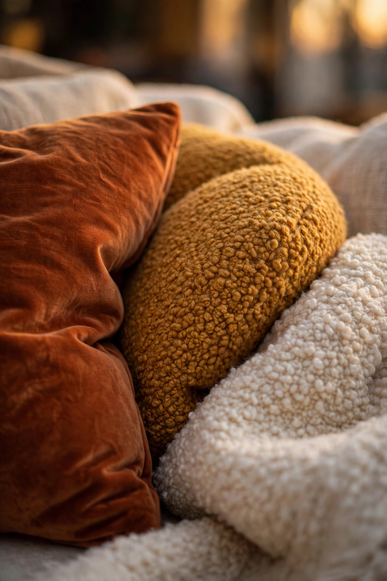 Plush rust velvet, ochre and cream boucle cushions piled on a sofa