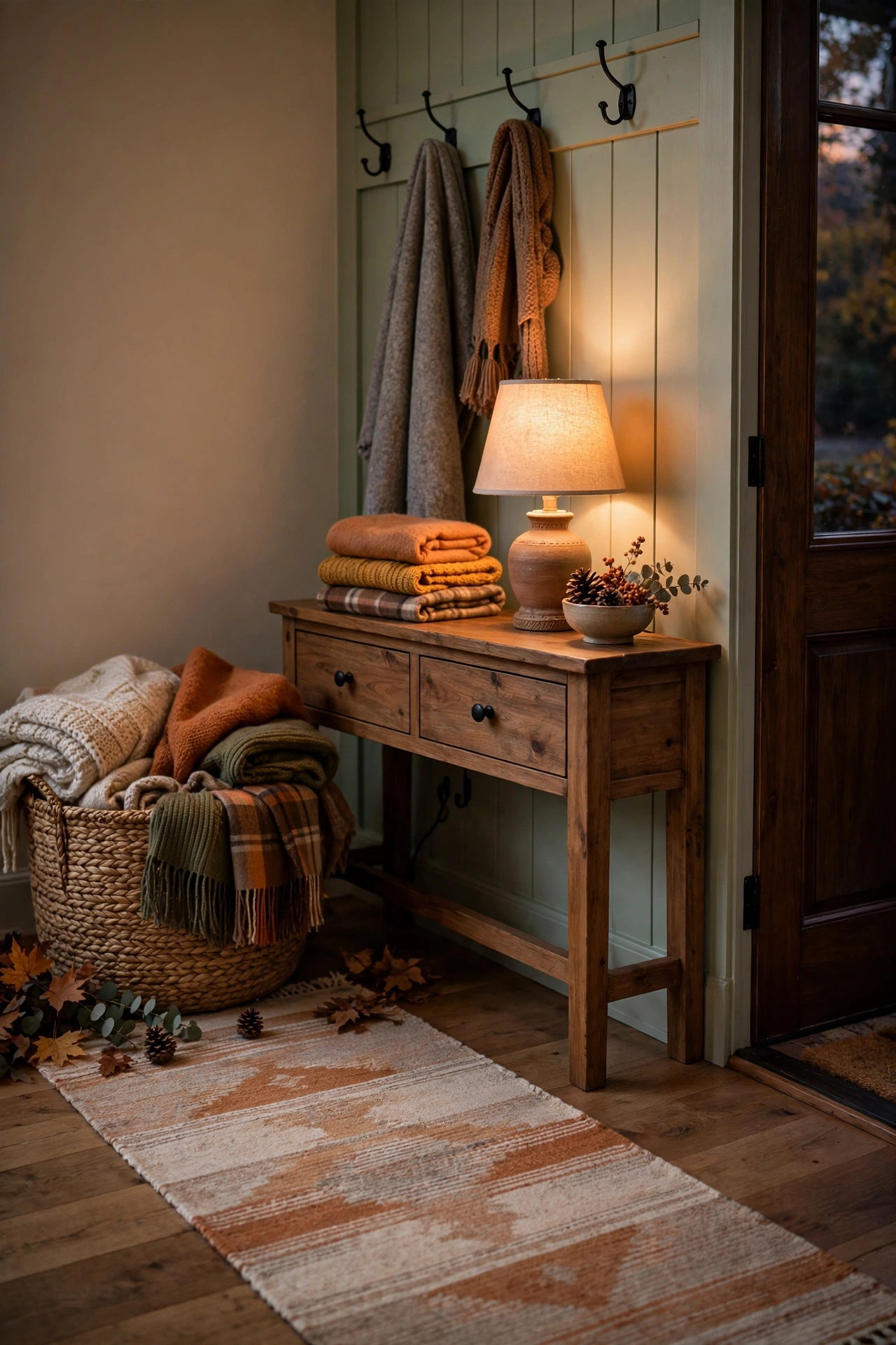 A woven basket of folded blankets and scarves beside a glowing lamp in the entryway